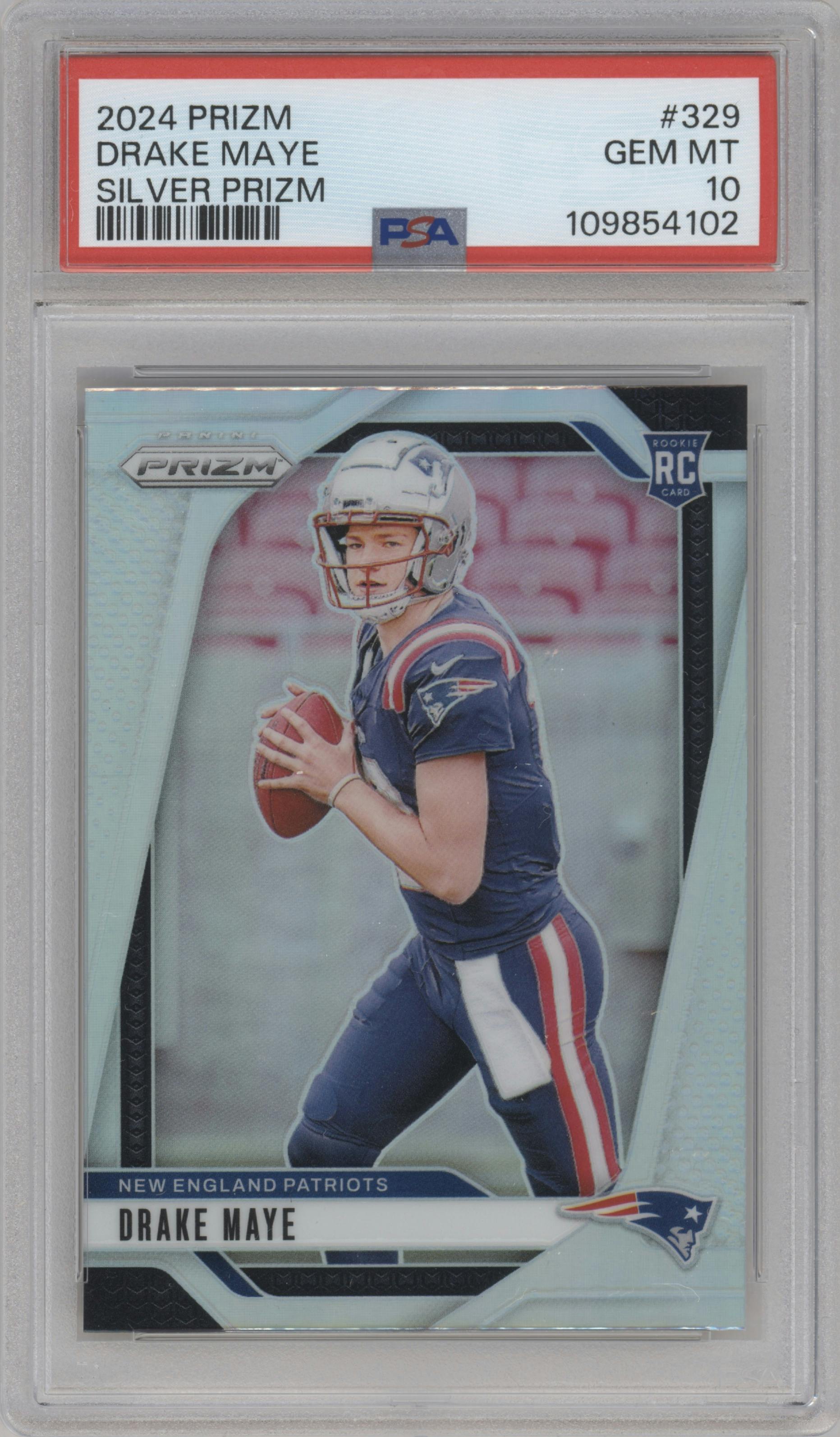 Drake Maye from the 2024 Panini Prizm set featuring a Silver Prizm parallel graded by PSA and given an overall grade of 10.