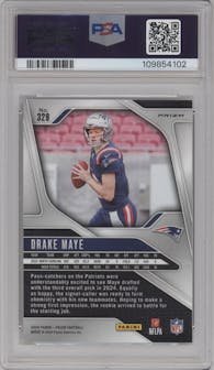 Drake Maye from the 2024 Panini Prizm set featuring a Silver Prizm parallel graded by PSA and given an overall grade of 10.
