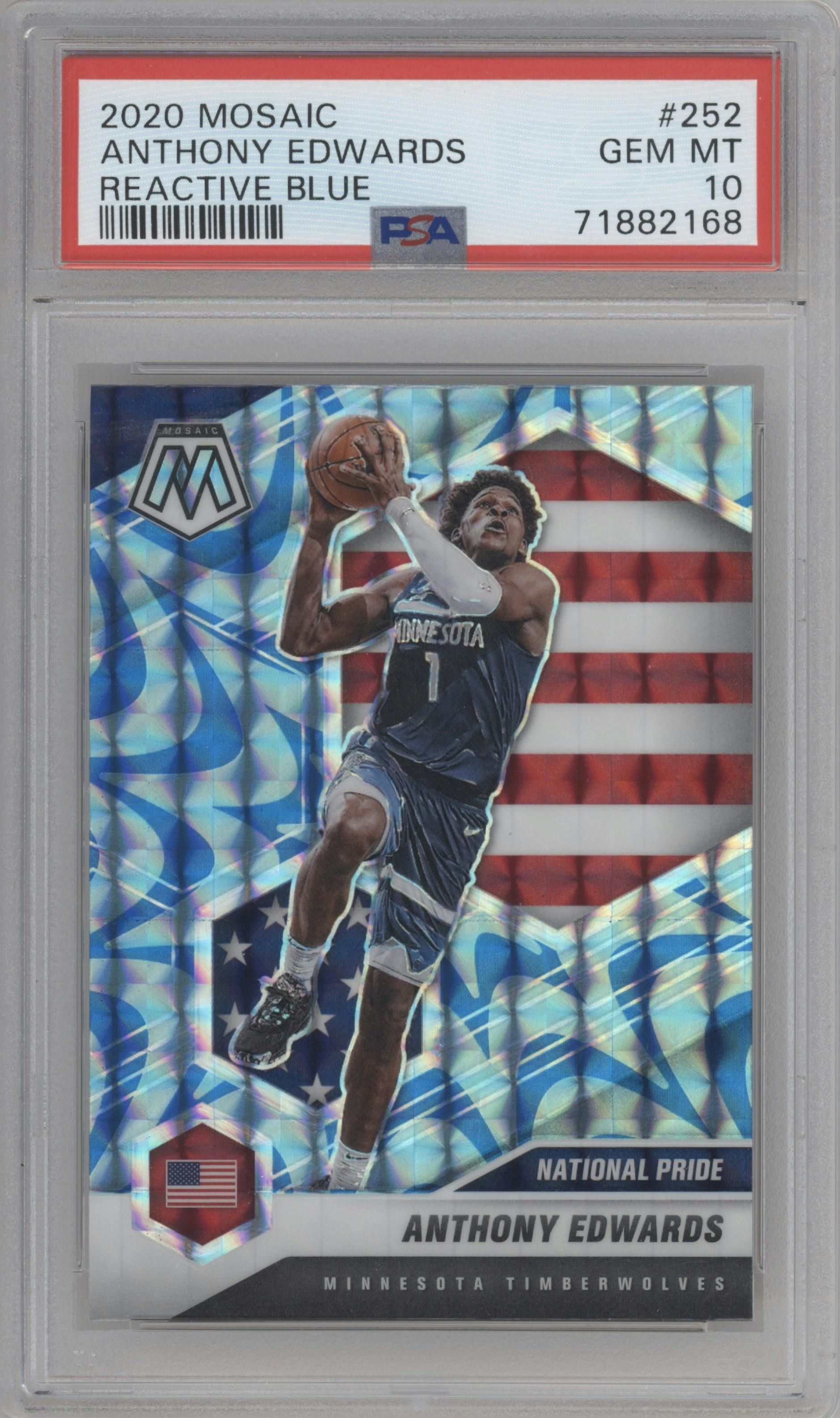 Anthony Edwards from the 2020-21 Panini Mosaic set featuring a Reactive Blue parallel graded by PSA and given an overall grade of 10.