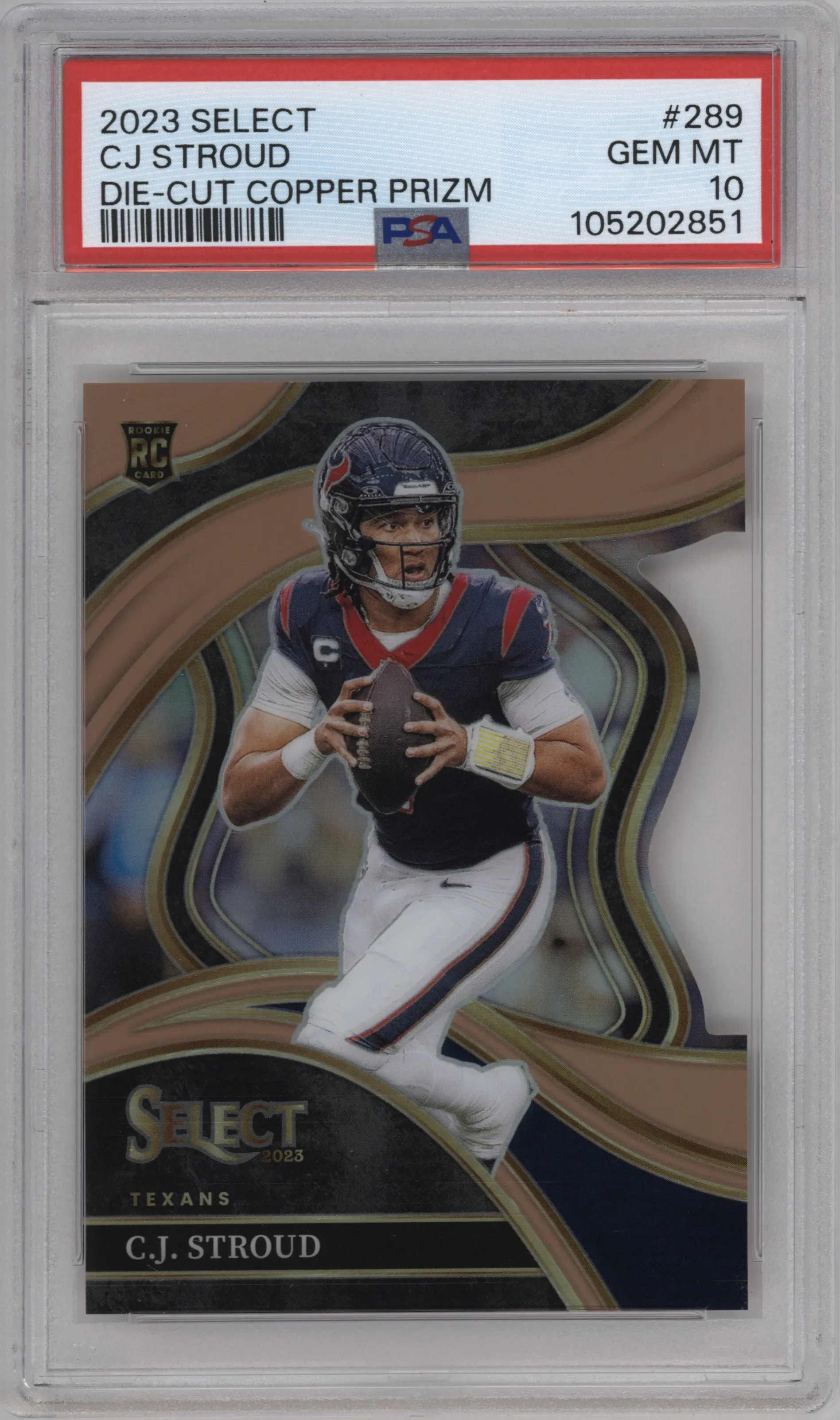 C.J. Stroud from the 2023 Panini Select set featuring a Die-Cut Copper parallel graded by PSA and given an overall grade of 10.