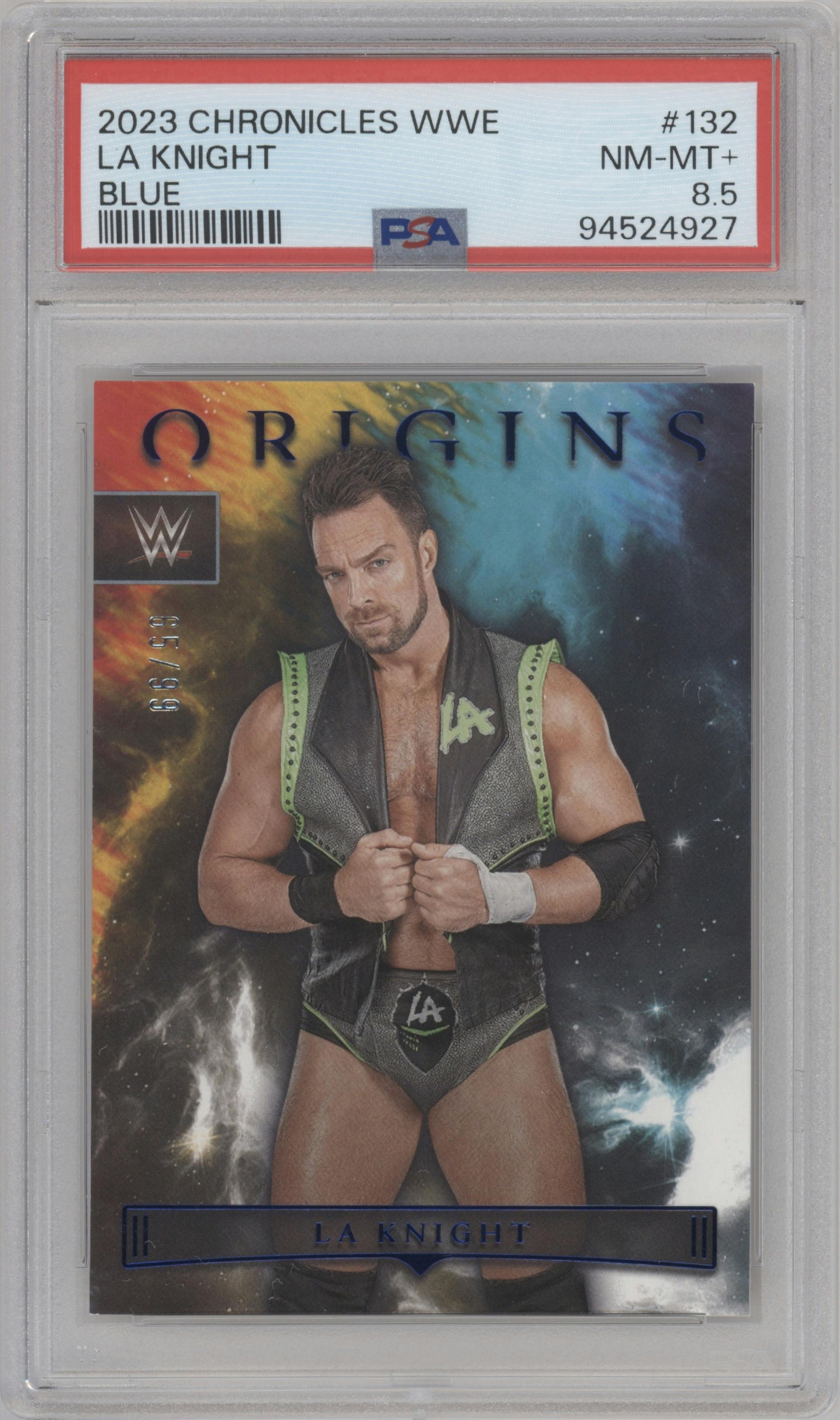 LA Knight from the 2023 Panini Chronicles WWE set featuring a Blue parallel graded by PSA and given an overall grade of 8.5.