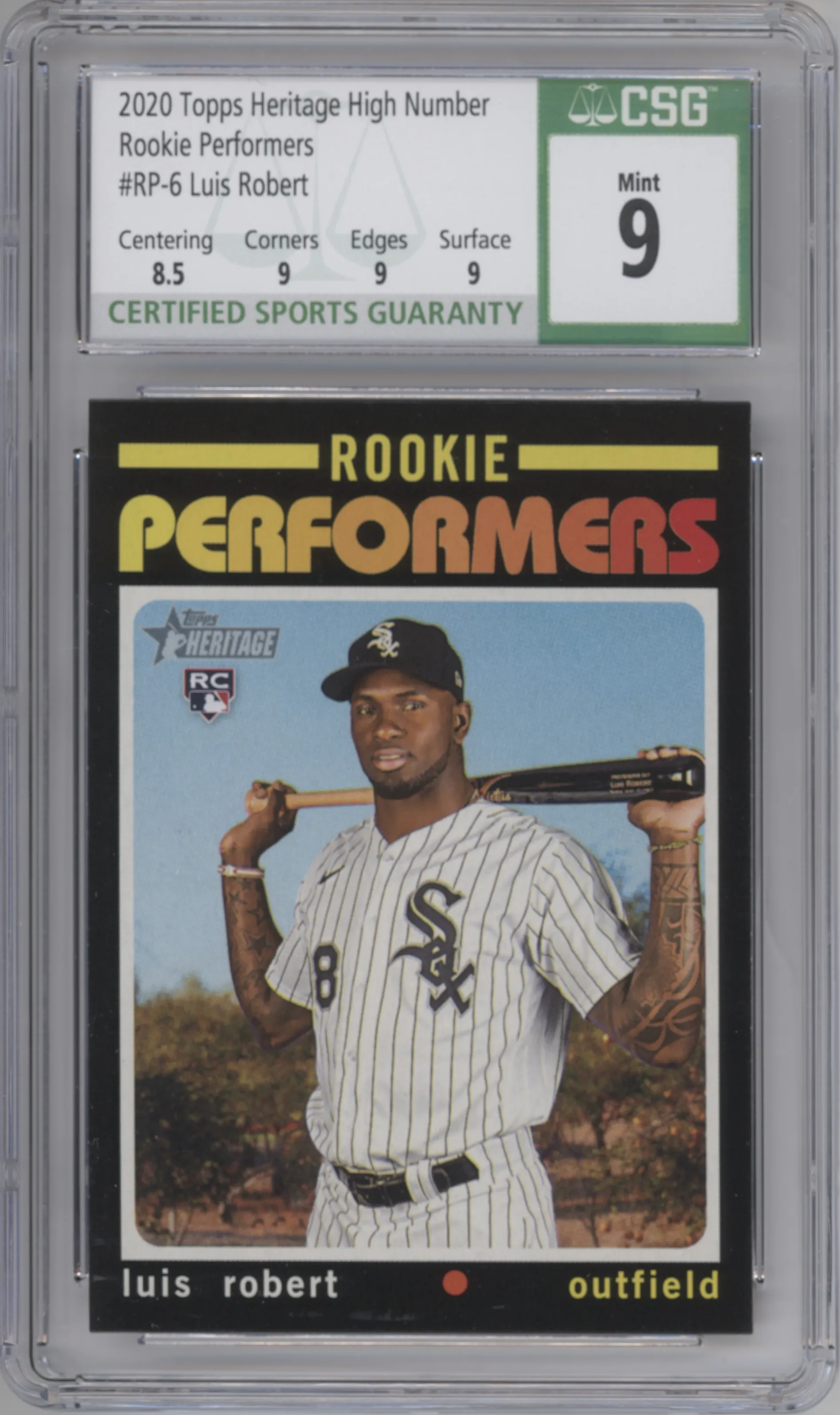 Luis Robert from the 2020 Topps Heritage High Number set graded by CSG and given an overall grade of 9.