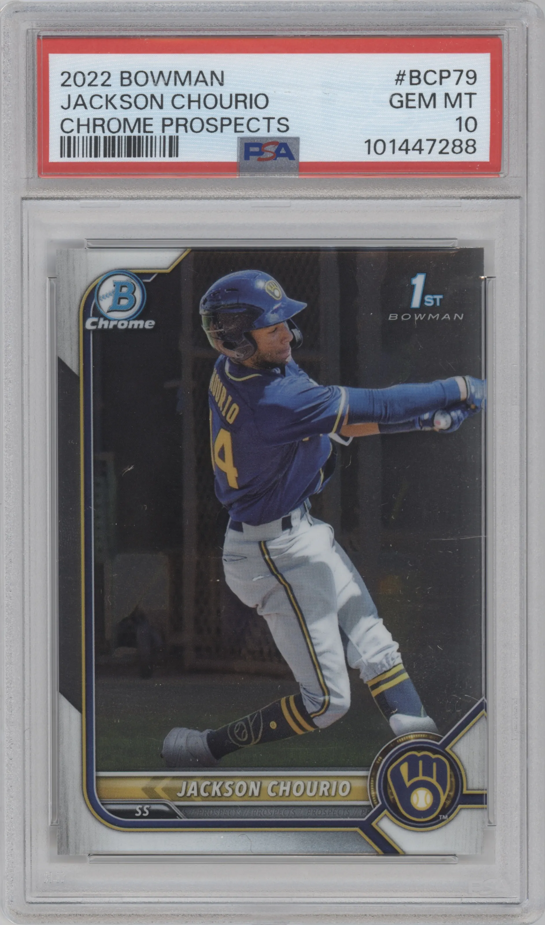 Jackson Chourio from the 2022 Bowman set graded by PSA and given an overall grade of 10.