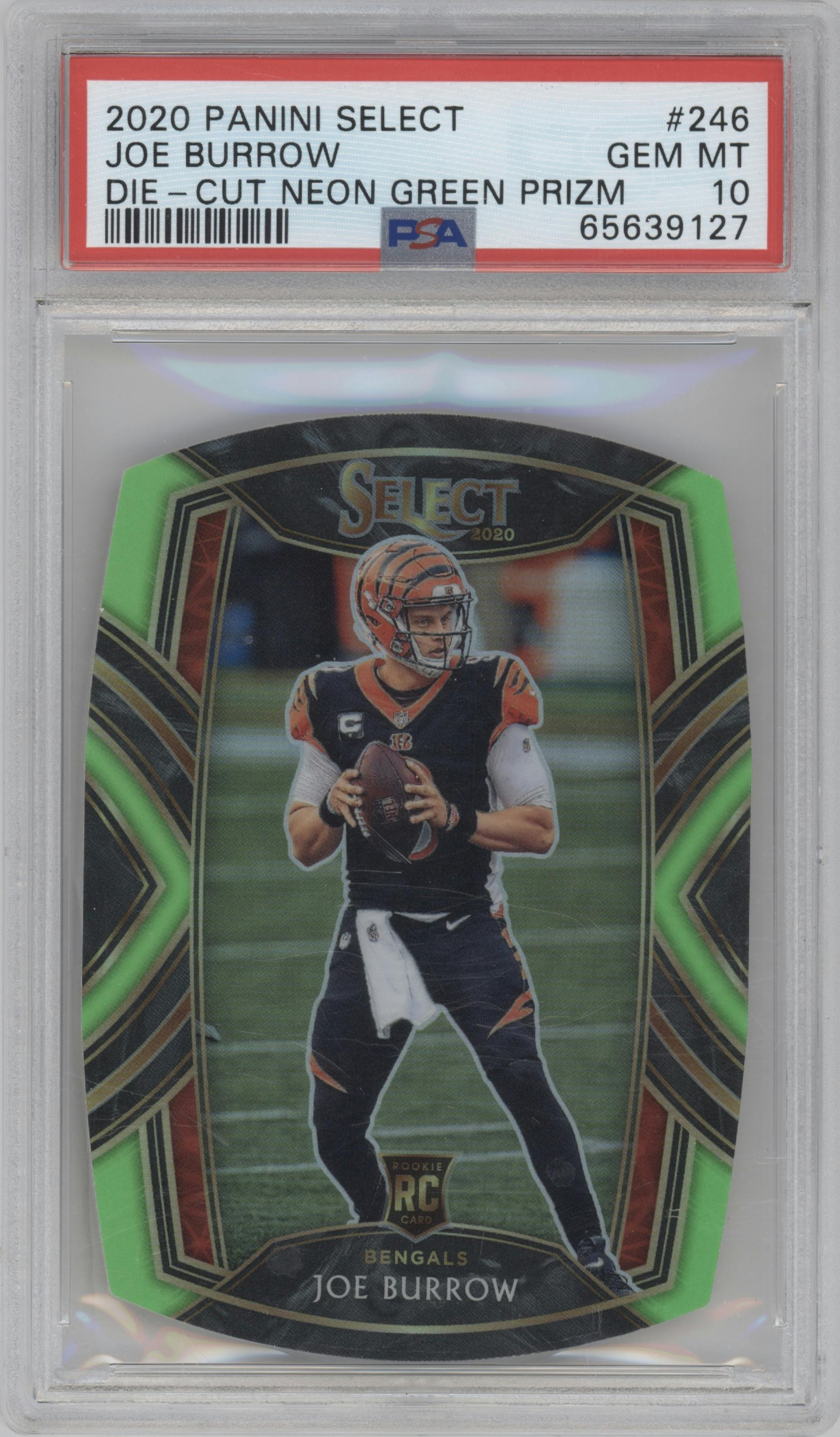 Joe Burrow from the 2020 Panini Select set featuring a Die-Cut Prizm Neon Green parallel graded by PSA and given an overall grade of 10.