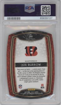 Joe Burrow from the 2020 Panini Select set featuring a Die-Cut Prizm Neon Green parallel graded by PSA and given an overall grade of 10.
