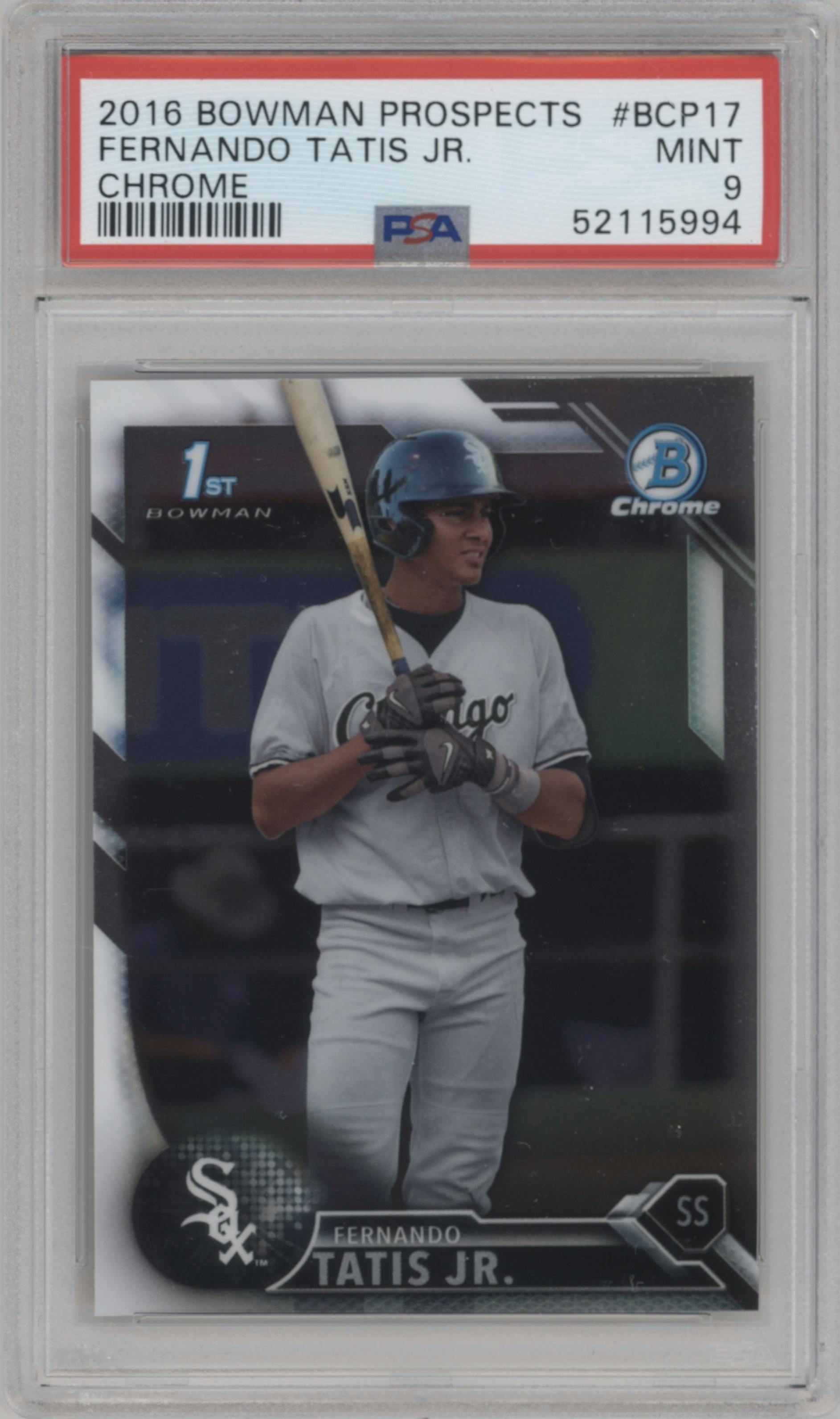 Fernando Tatis Jr. from the 2016 Bowman set graded by PSA and given an overall grade of 9.
