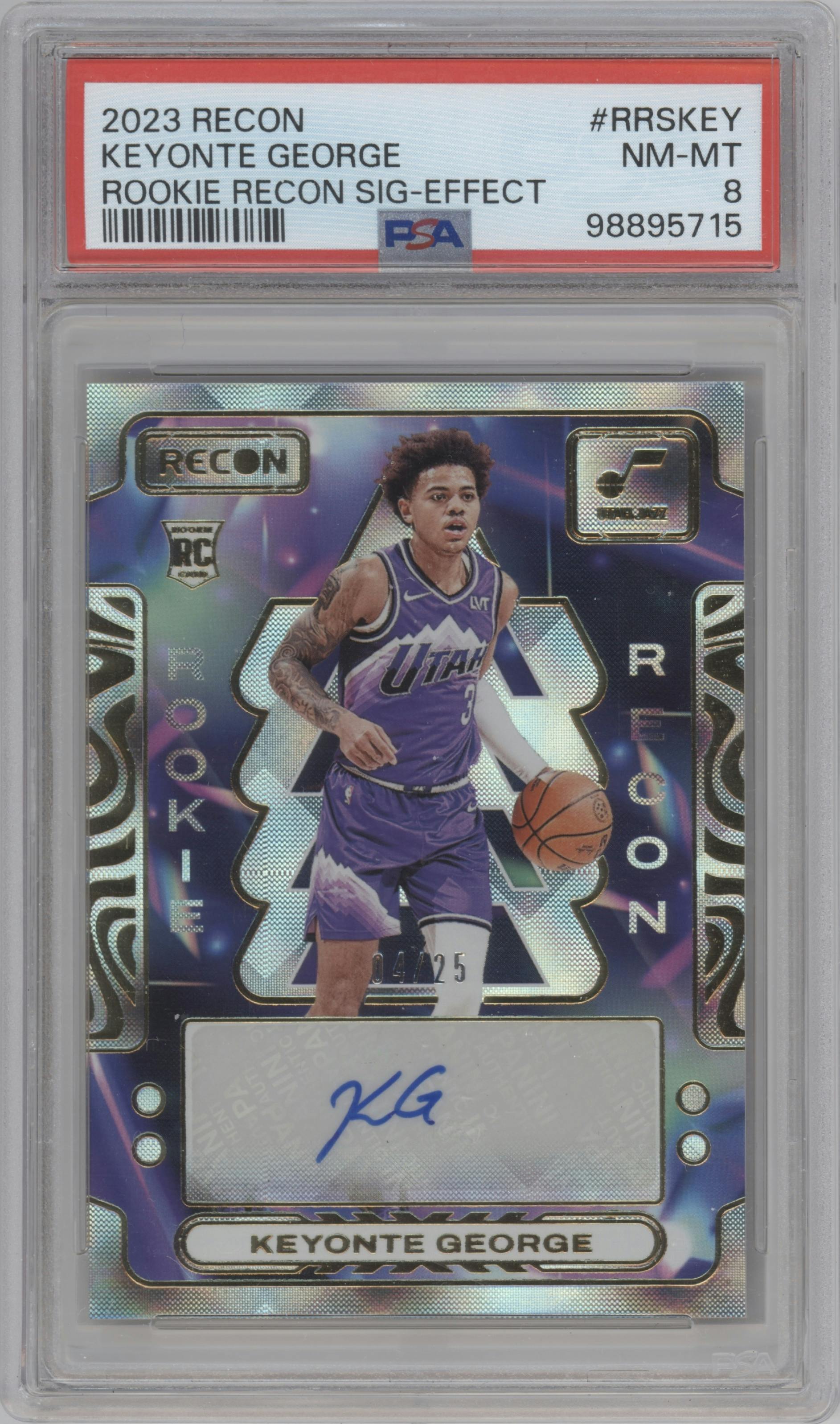 Keyonte George from the 2023-24 Panini Recon set featuring a Effect parallel graded by PSA and given an overall grade of 8.