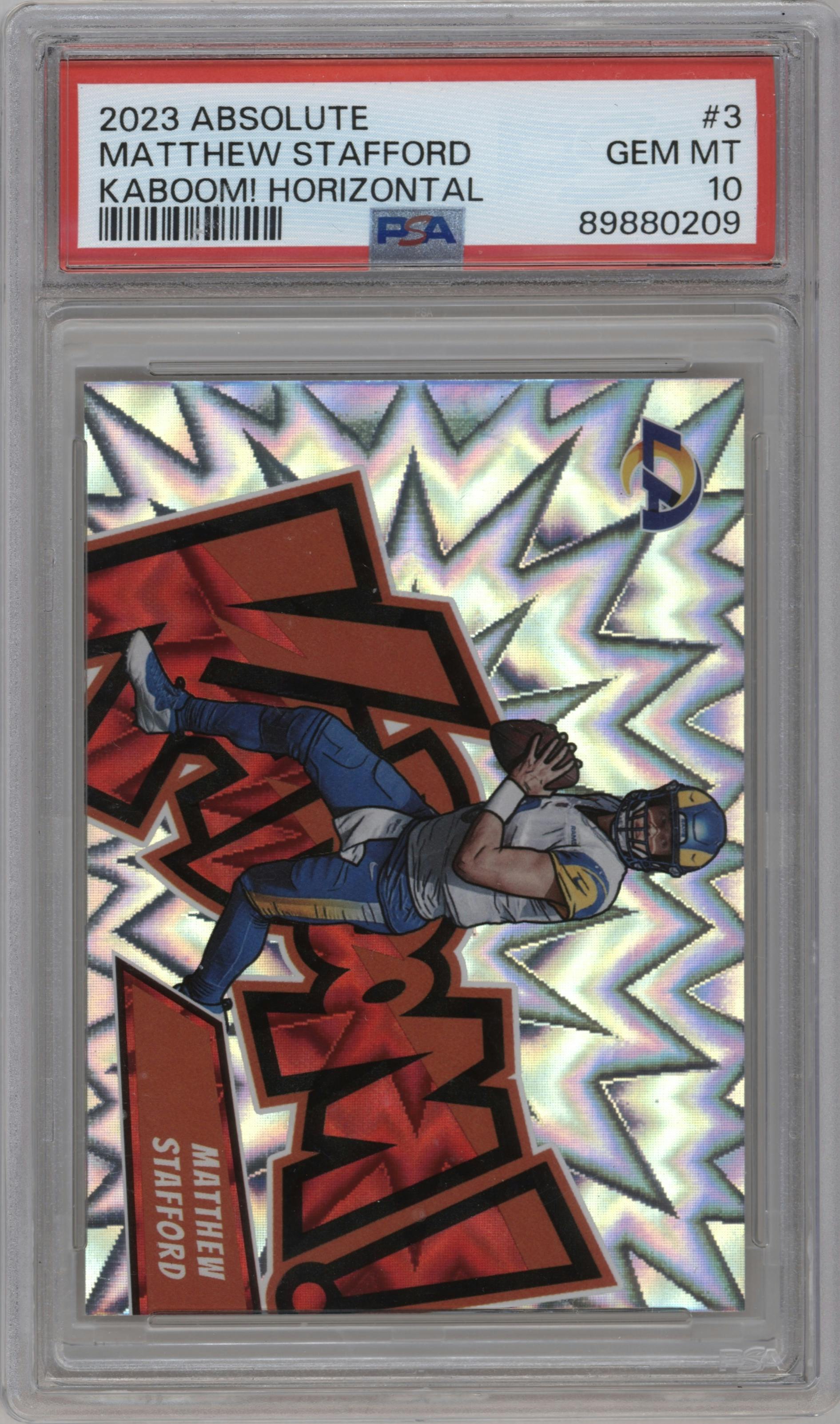 Matthew Stafford from the 2023 Panini Absolute set graded by PSA and given an overall grade of 10.