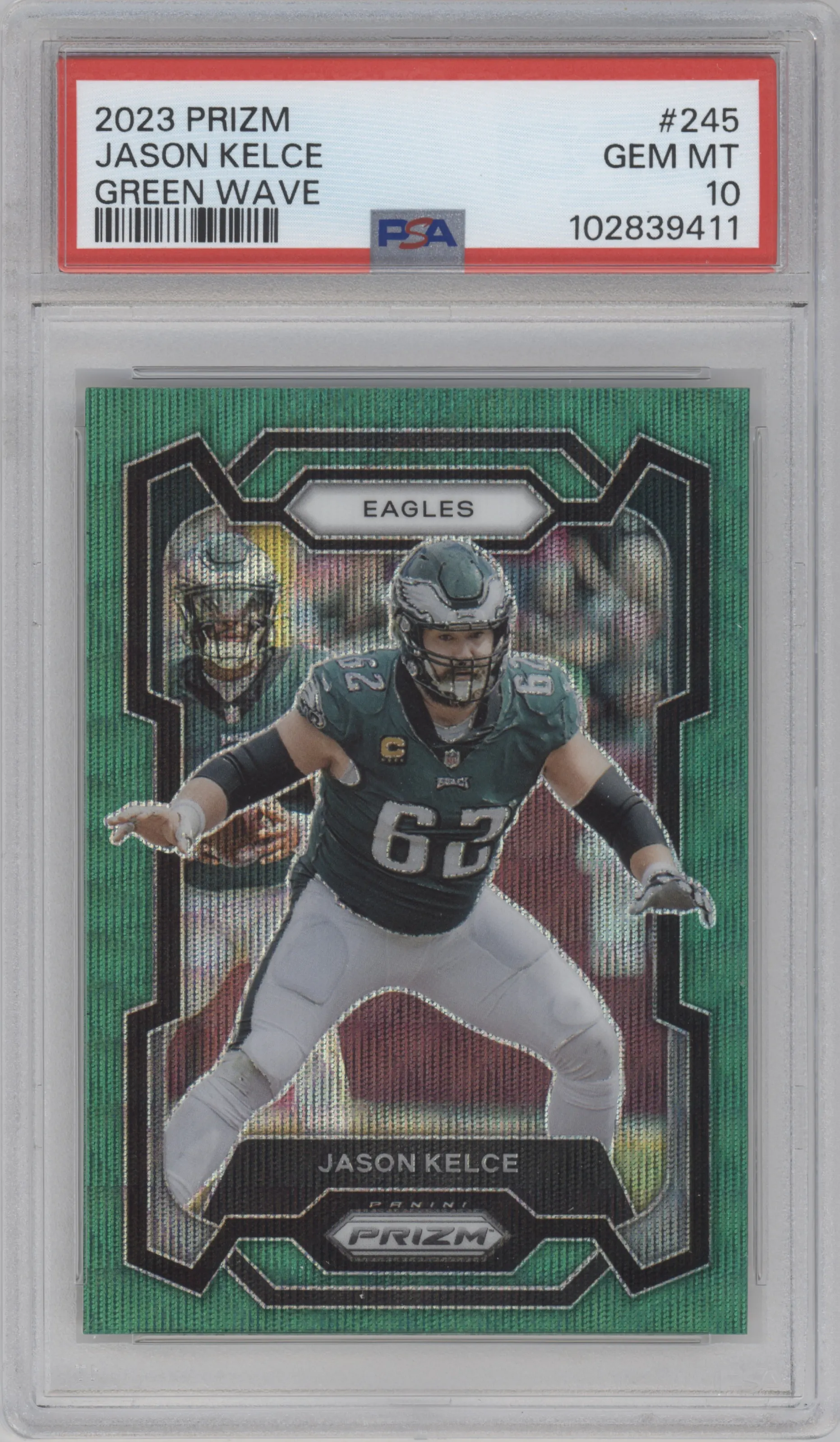 Jason Kelce from the 2023 Panini Prizm set featuring a Green Wave  parallel graded by PSA and given an overall grade of 10.