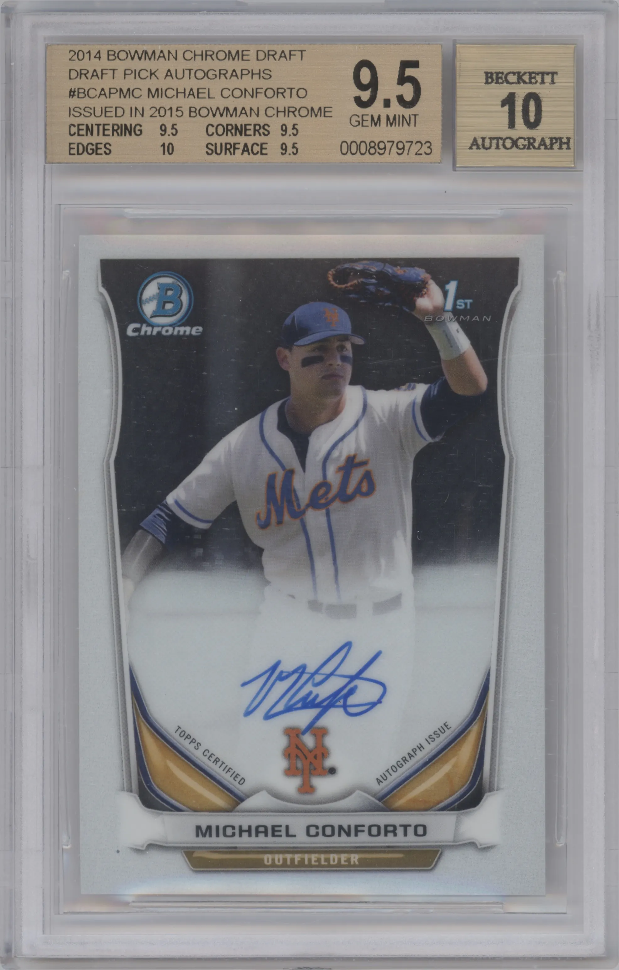 Michael Conforto from the 2015 Bowman Chrome set graded by Beckett and given an overall grade of 9.5.