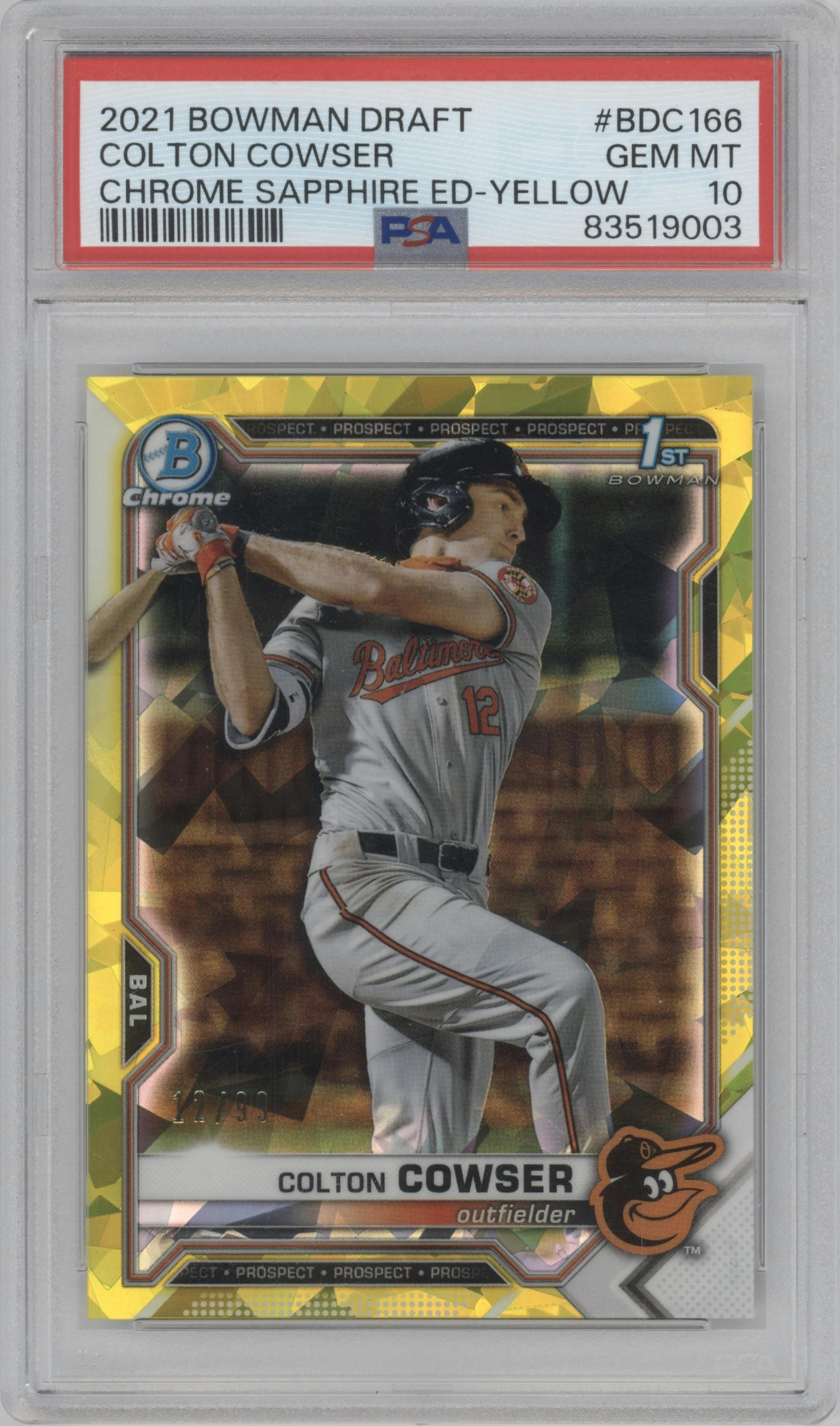 Colton Cowser from the 2021 Bowman Draft Sapphire Edition set featuring a  Yellow parallel graded by PSA and given an overall grade of 10.