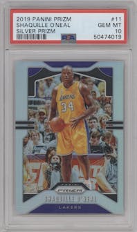 Shaquille O'Neal from the 2019-20 Panini Prizm set featuring a Silver Prizm parallel graded by PSA and given an overall grade of 10.