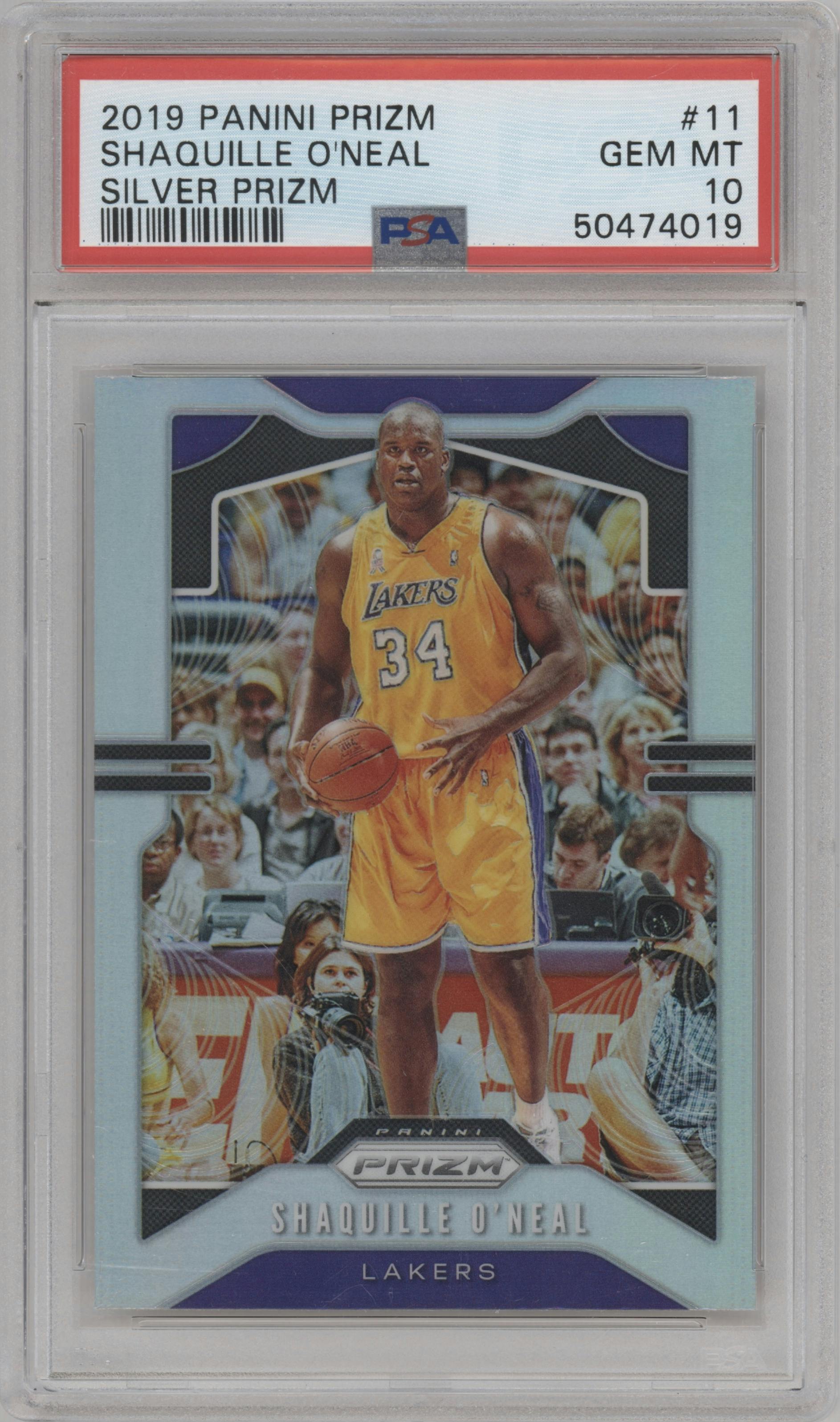 Shaquille O'Neal from the 2019-20 Panini Prizm set featuring a Silver Prizm parallel graded by PSA and given an overall grade of 10.
