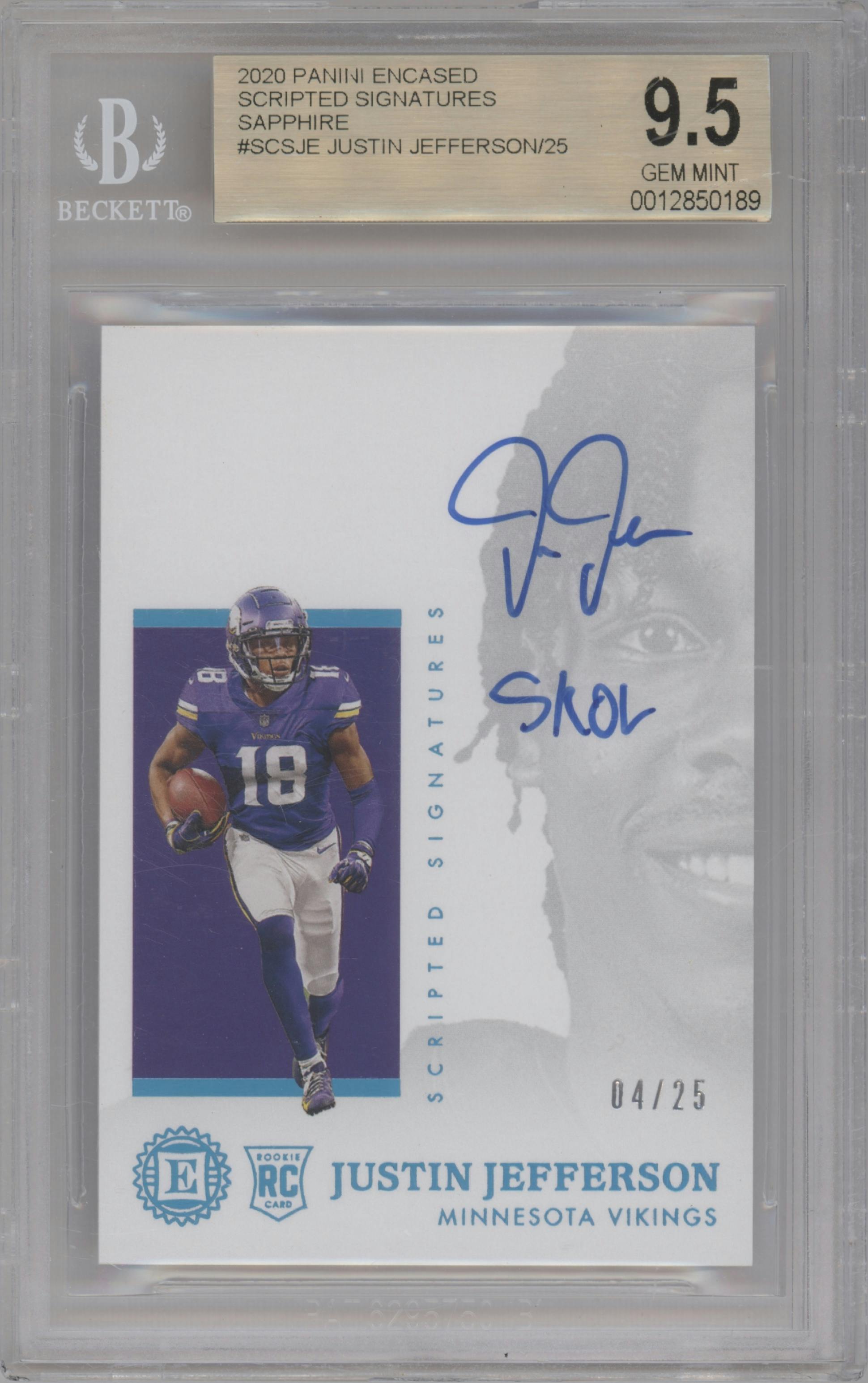 Justin Jefferson from the 2020 Panini Encased set featuring a Gold parallel graded by Beckett and given an overall grade of 9.5.