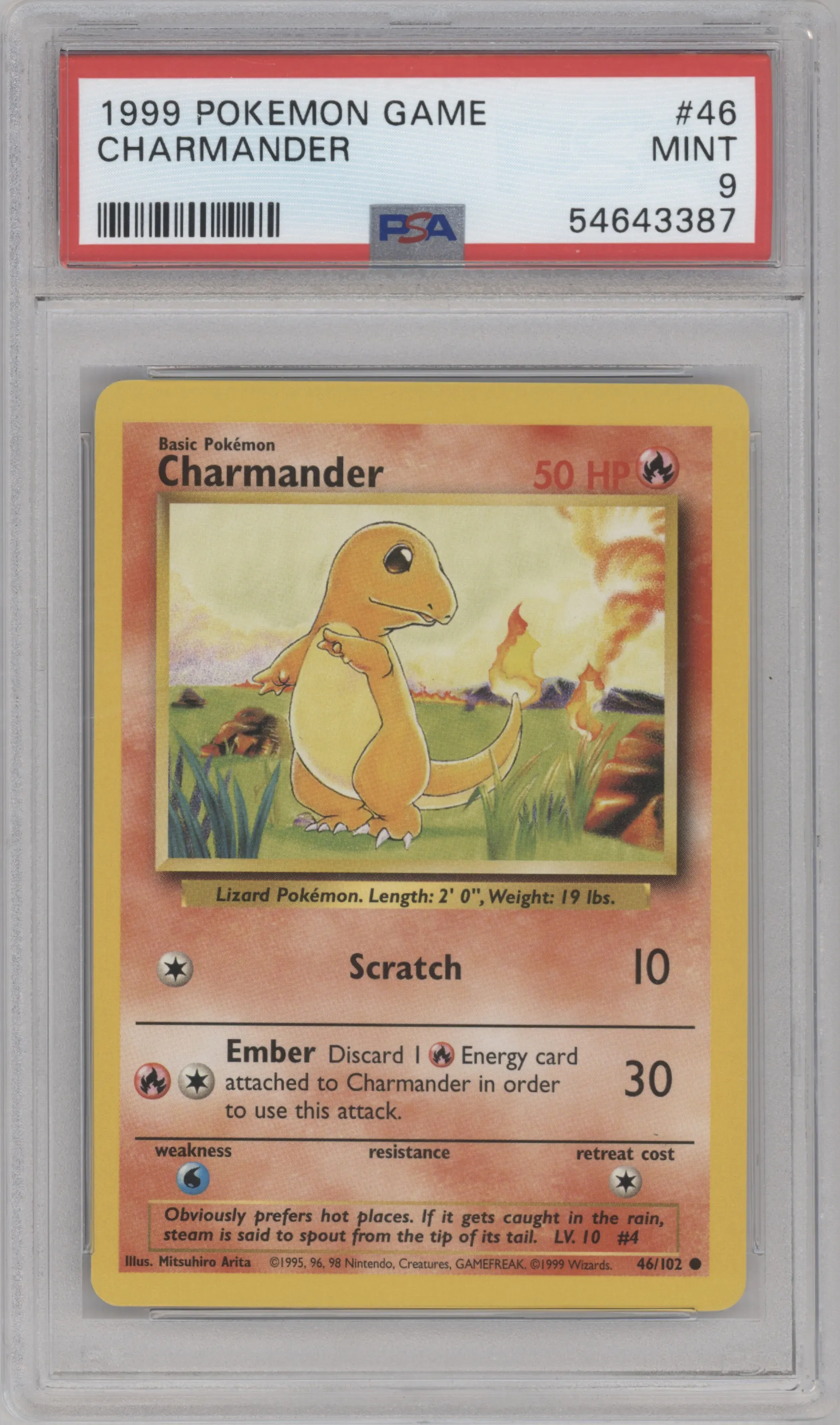 Charmander from the 1999 Pokemon set graded by PSA and given an overall grade of 9.