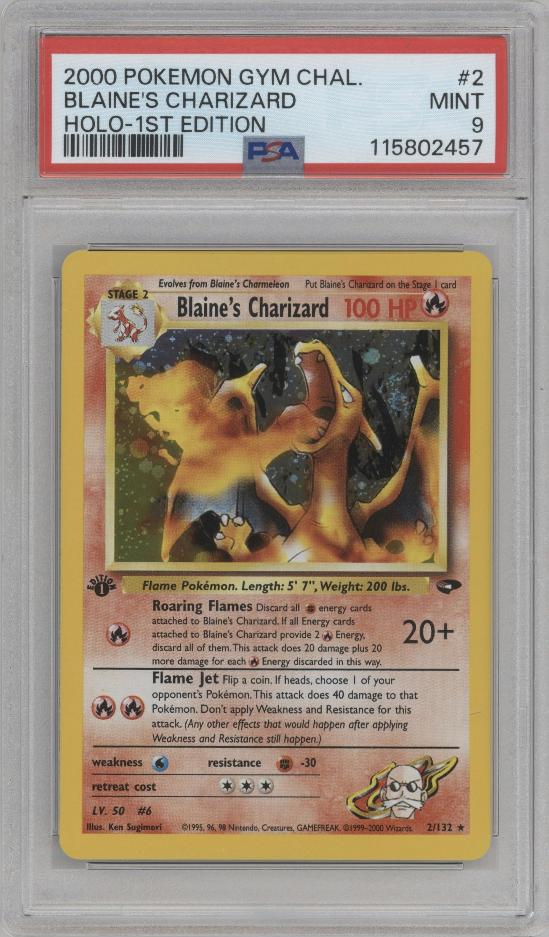 Blaine's Charizard from the 2000 Pokemon GH set graded by PSA and given an overall grade of 9.