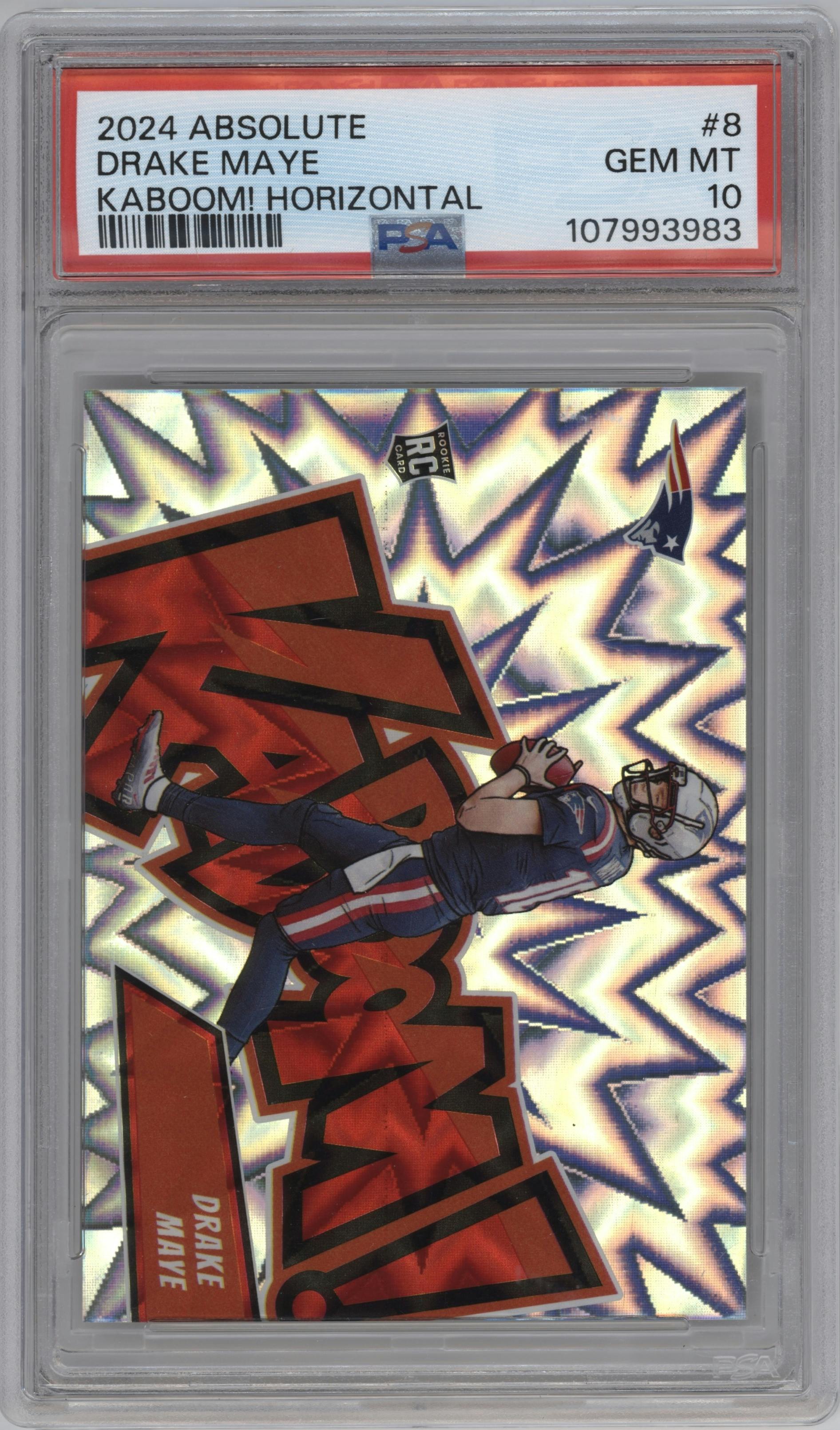 Drake Maye from the 2024 Panini Absolute set graded by PSA and given an overall grade of 10.