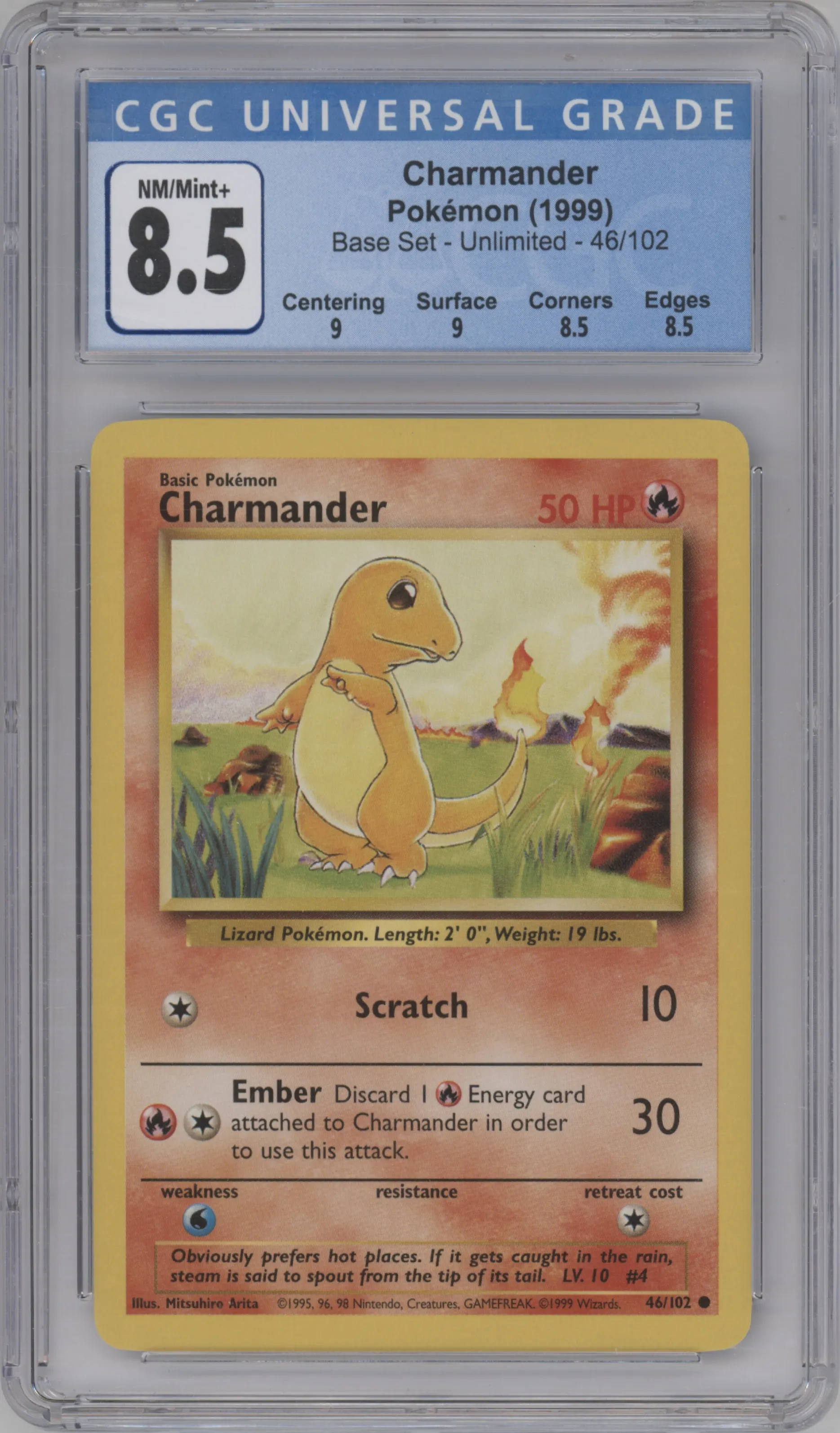 Charmander from the 1999 Pokemon set graded by CSG and given an overall grade of 8.5.