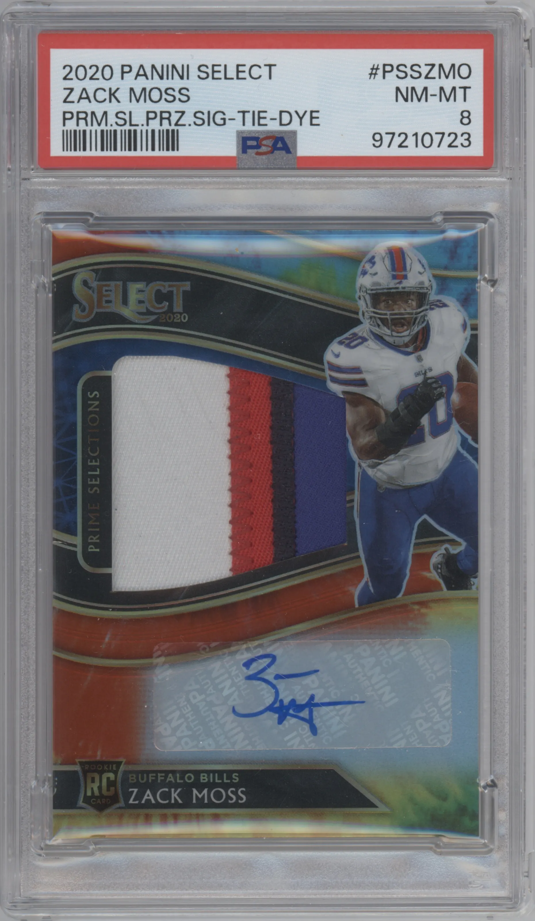 Zack Moss from the 2020 Panini Select set featuring a Tie-Dye parallel graded by PSA and given an overall grade of 8.