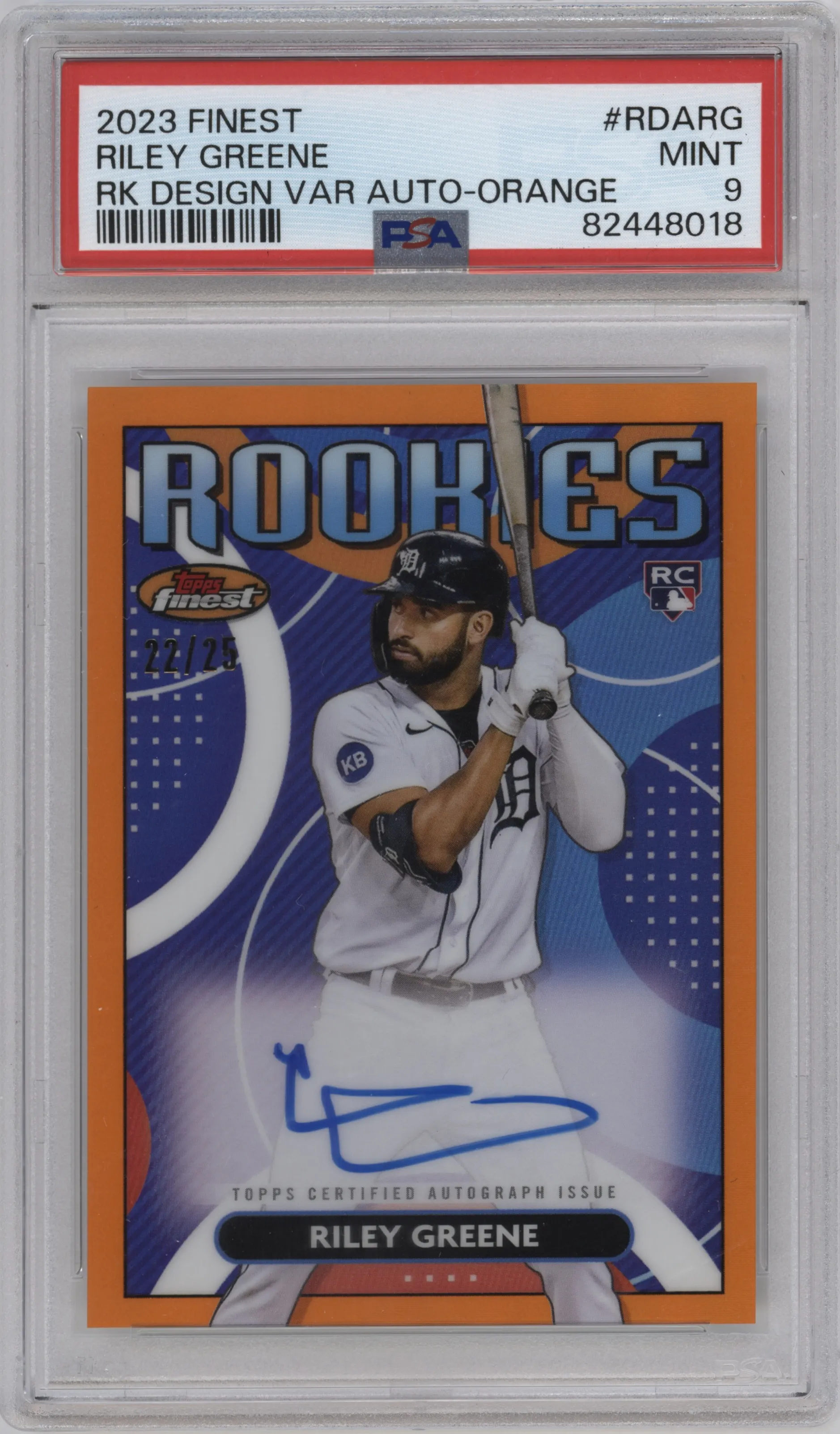 Riley Greene from the 2023 Topps Finest set featuring a Orange Refractor parallel graded by PSA and given an overall grade of 9.