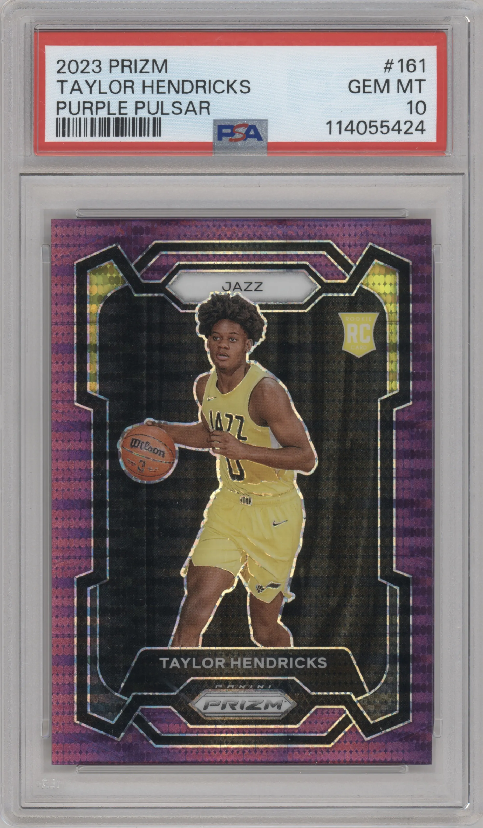 Taylor Hendricks from the 2023-24 Panini Prizm set featuring a Purple Pulsar Prizm  parallel graded by PSA and given an overall grade of 10.