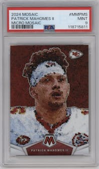 Patrick Mahomes II from the 2024 Panini Mosaic set graded by PSA and given an overall grade of 9.