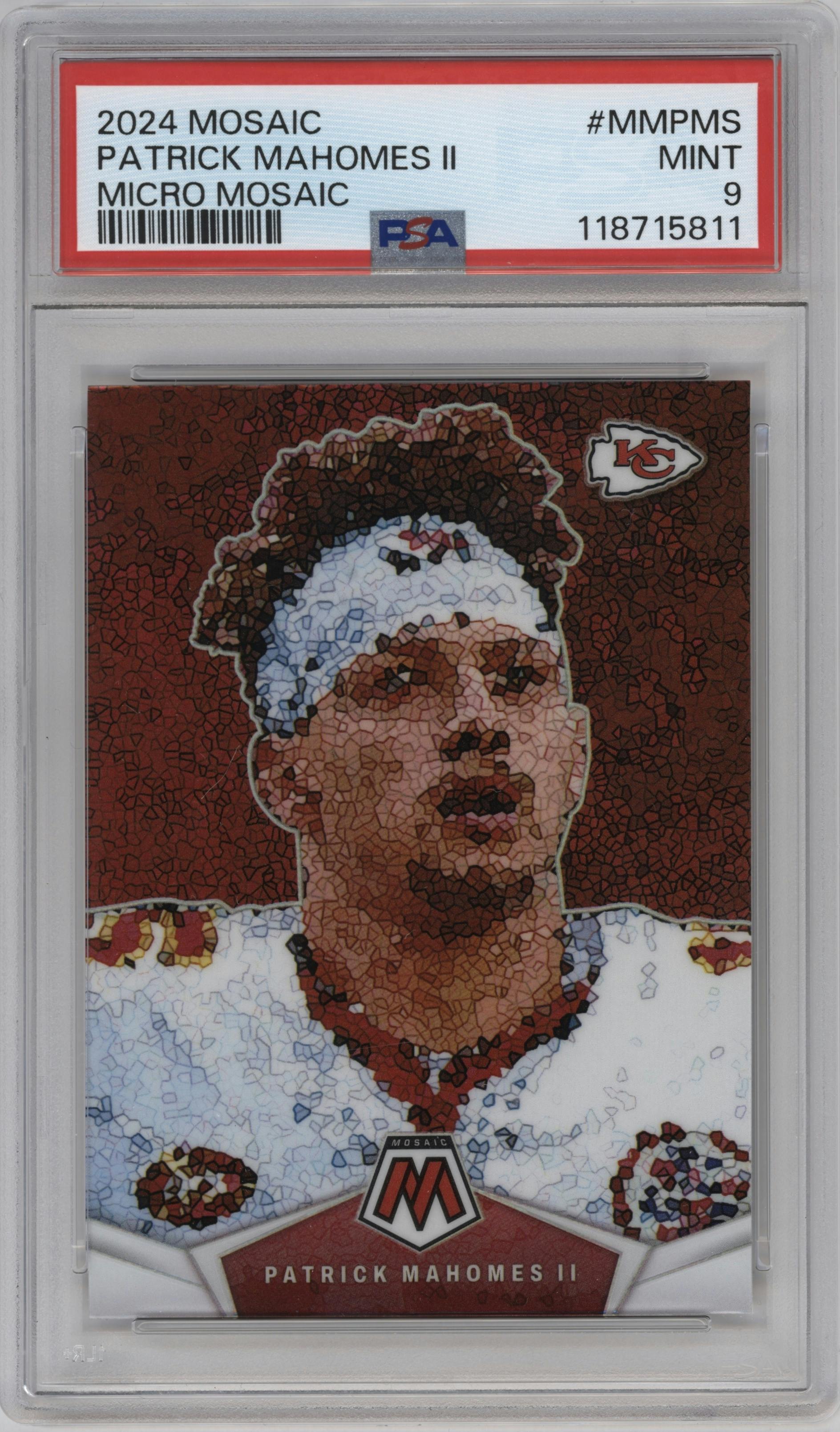 Patrick Mahomes II from the 2024 Panini Mosaic set graded by PSA and given an overall grade of 9.
