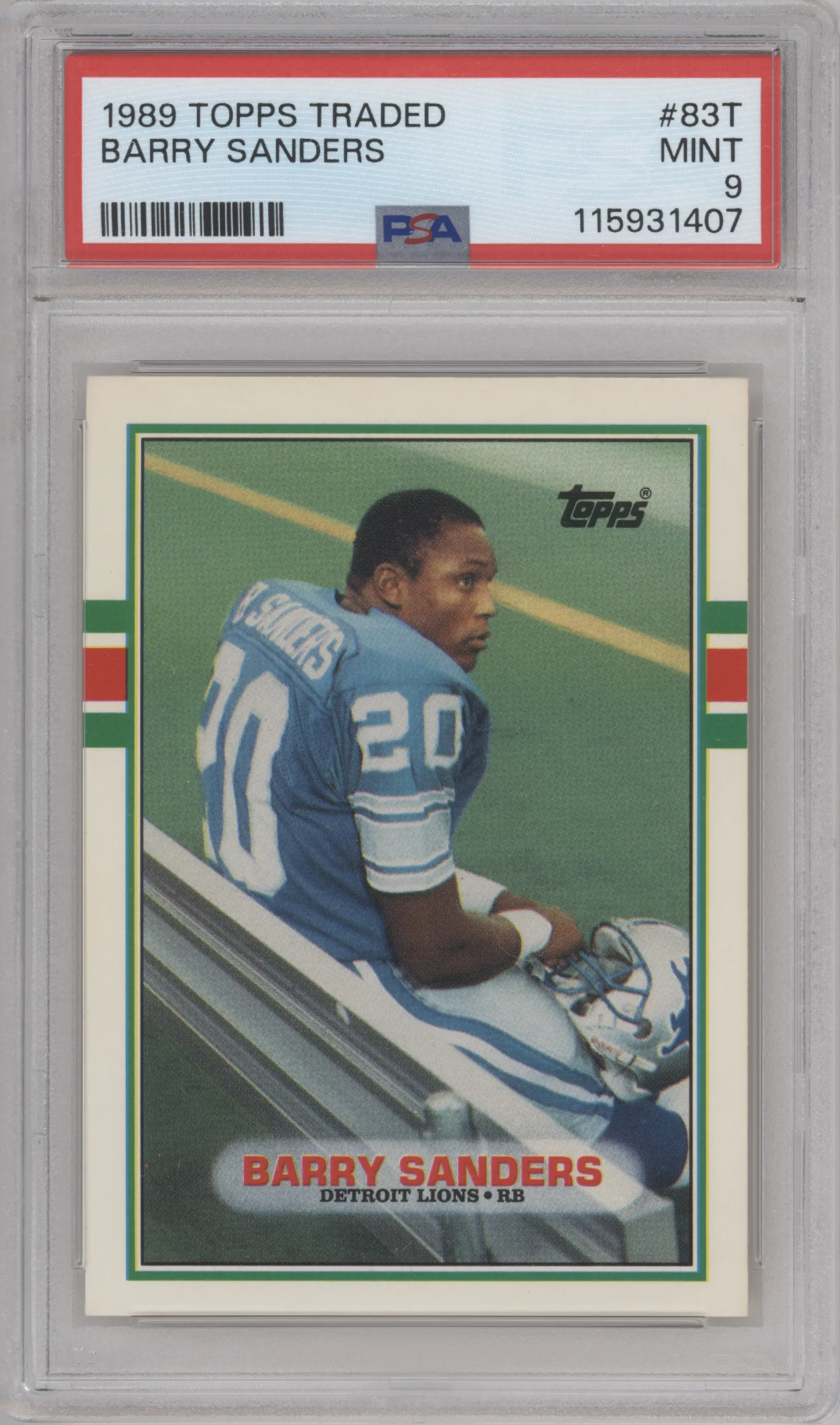 Barry Sanders from the 1989 Topps Traded set graded by PSA and given an overall grade of 9.