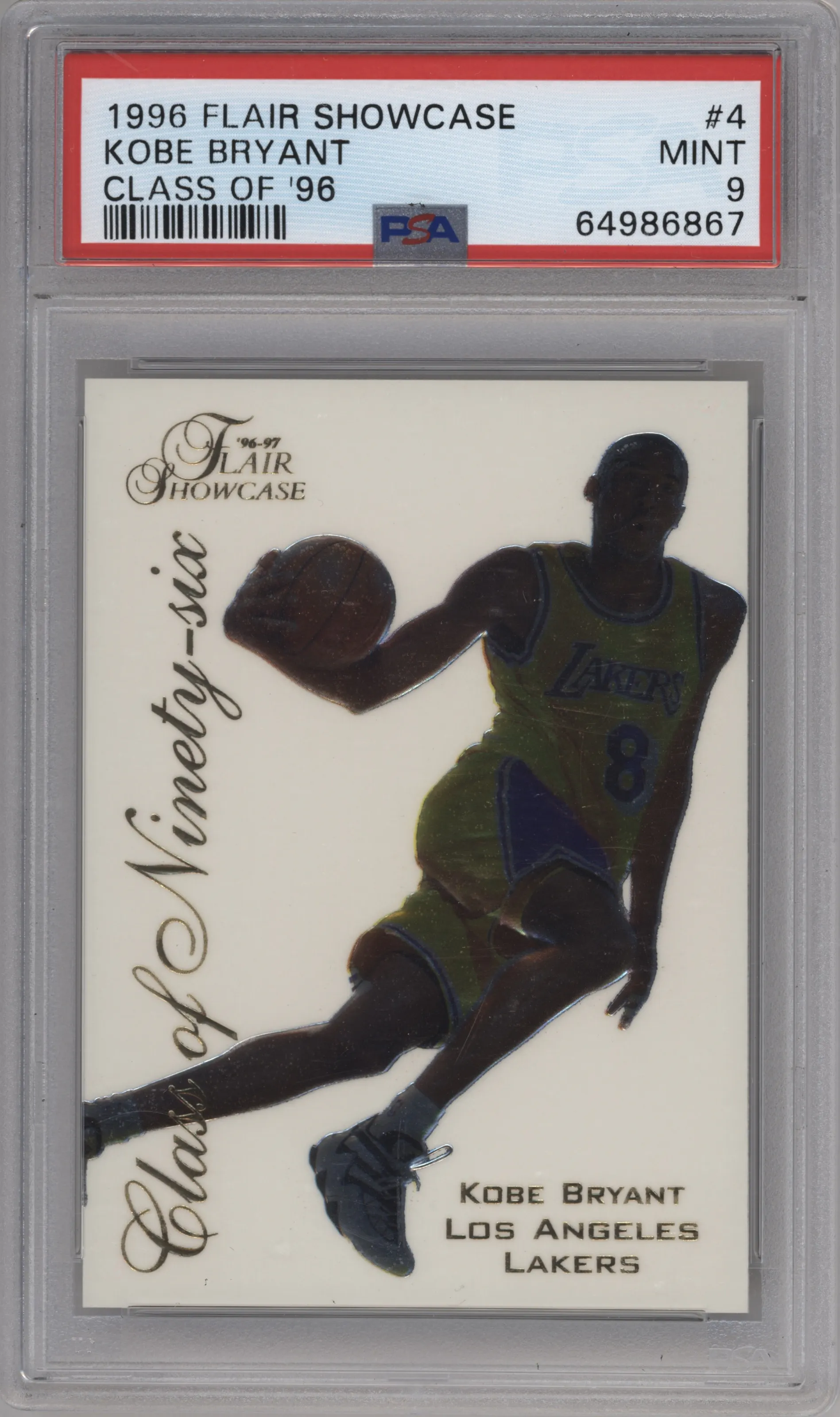 Kobe Bryant from the 1996-97 Flair Showcase  set graded by PSA and given an overall grade of 9.
