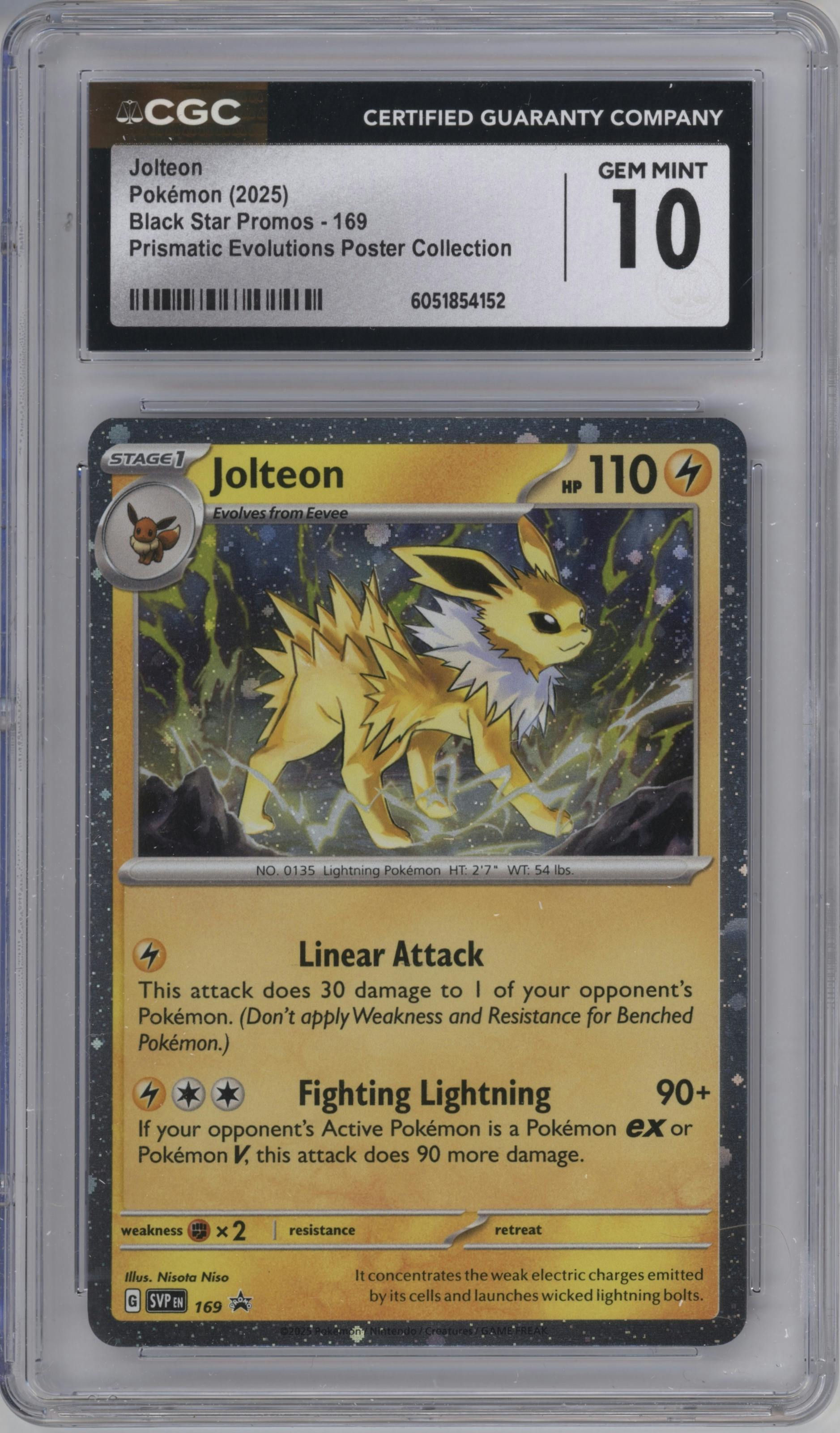 Jolteon from the 2025 Pokemon SV set featuring a Prismatic Evolutions Poster Collection parallel graded by CSG and given an overall grade of 10.