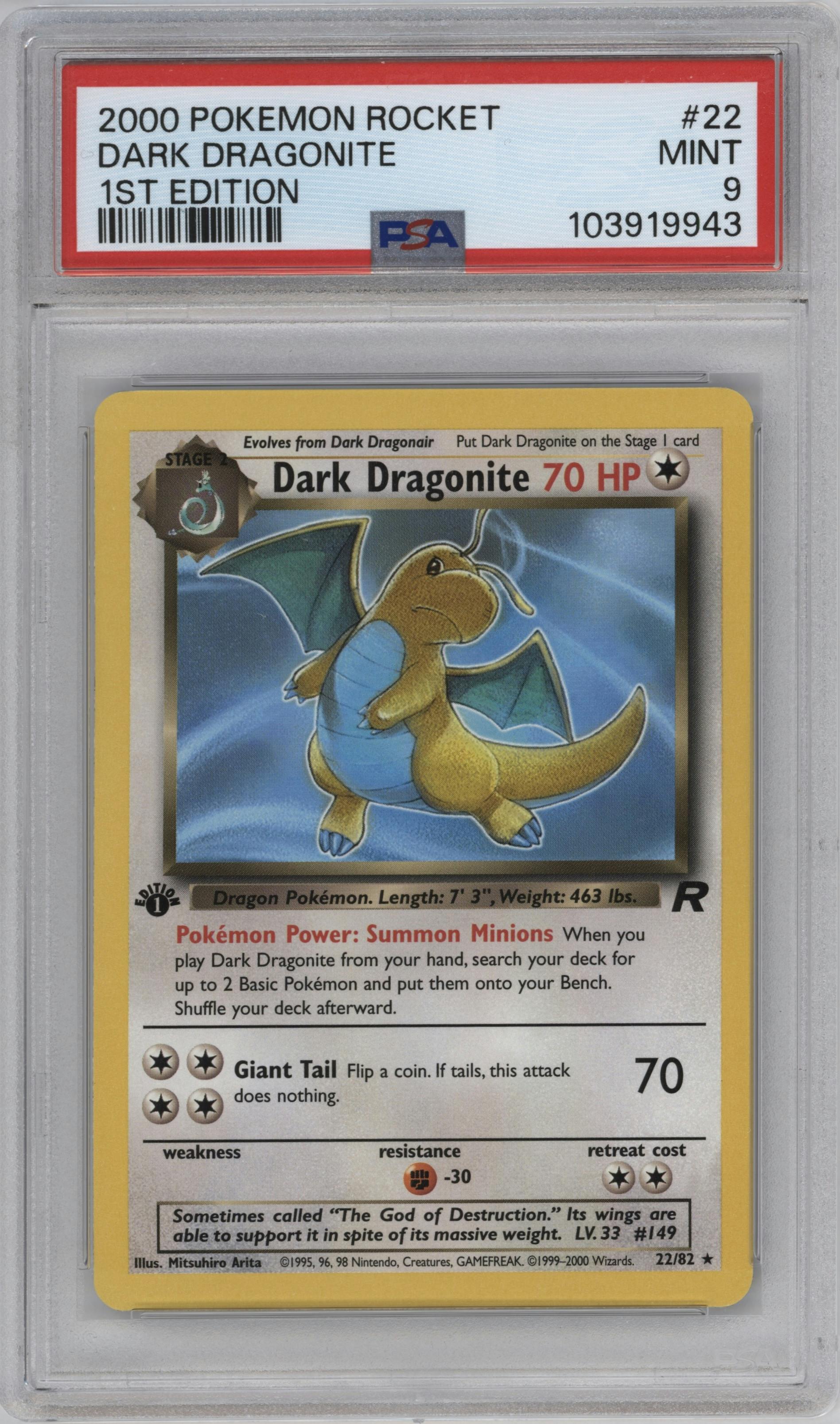 Dark Dragonite from the 2000 Pokemon set graded by PSA and given an overall grade of 9.