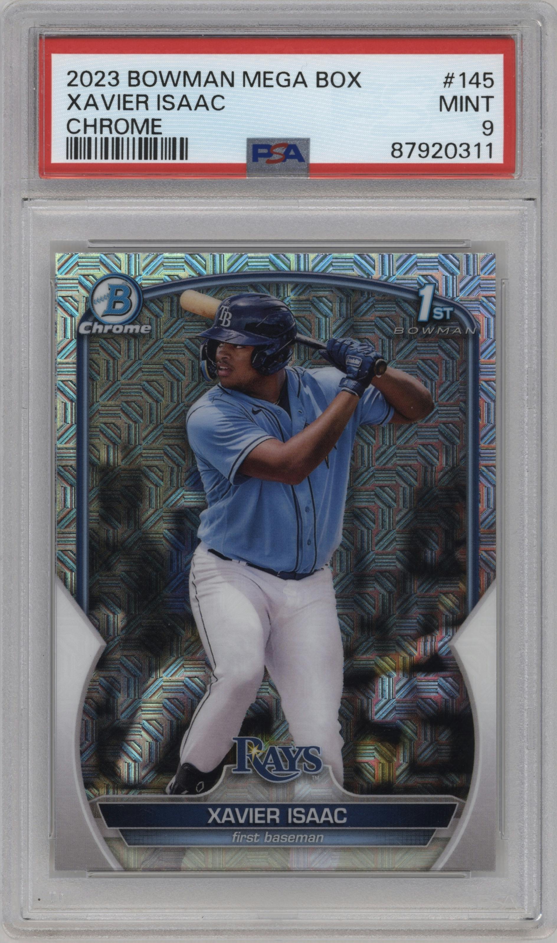 Xavier Isaac from the 2023 Bowman Mega Box set graded by PSA and given an overall grade of 9.