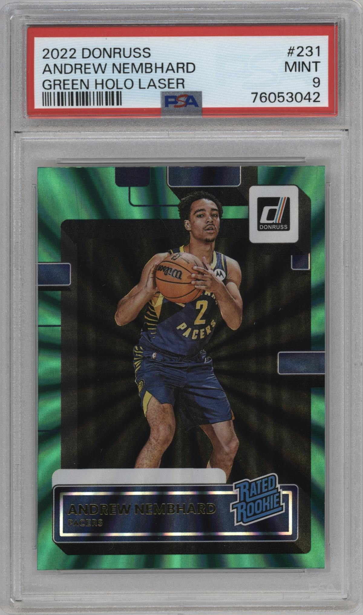 Andrew Nembhard from the 2022-23 Panini Donruss set featuring a Green Holo Laser parallel graded by PSA and given an overall grade of 9.