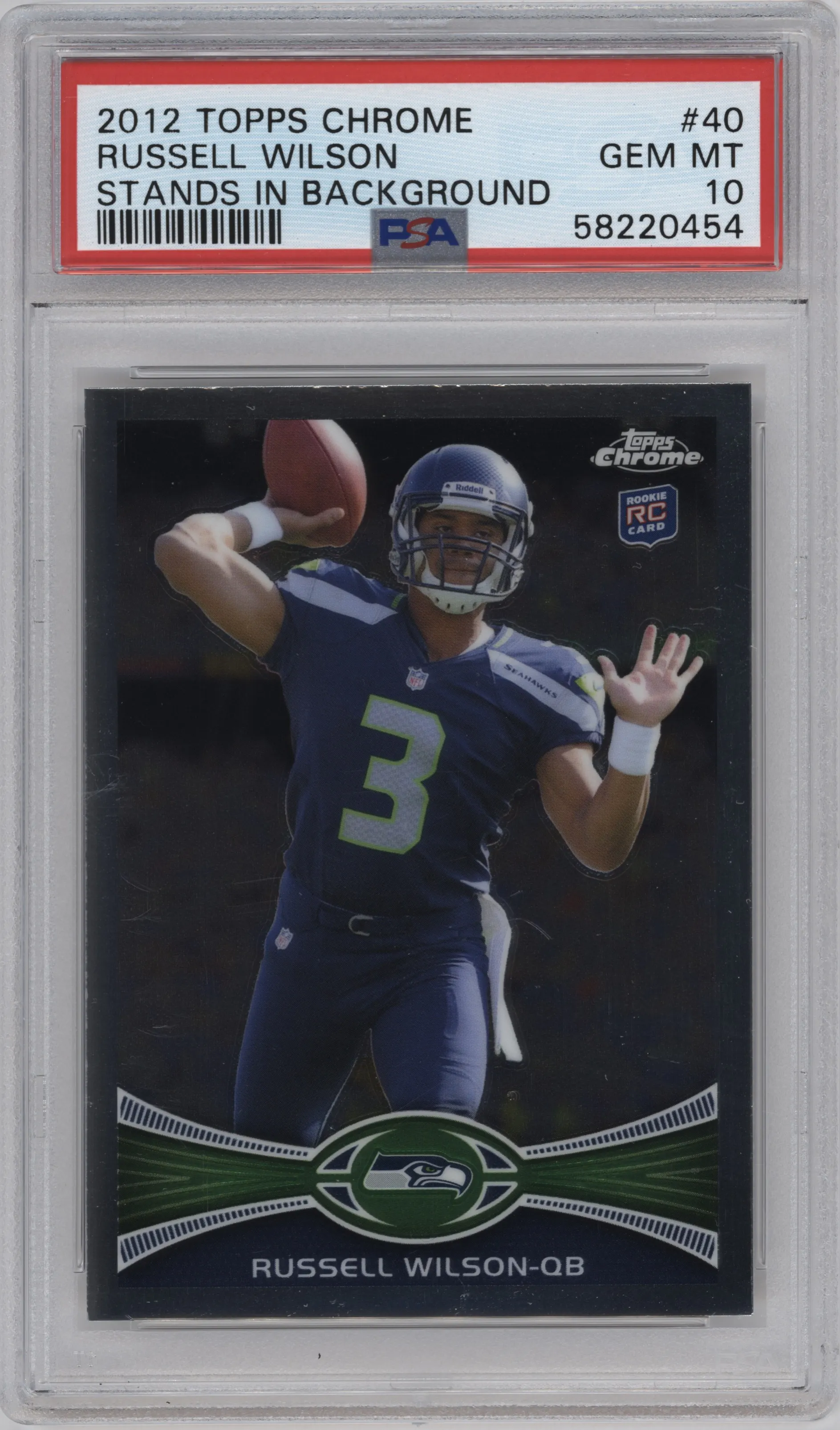 Russell Wilson from the 2012 Topps Chrome set graded by PSA and given an overall grade of 10.