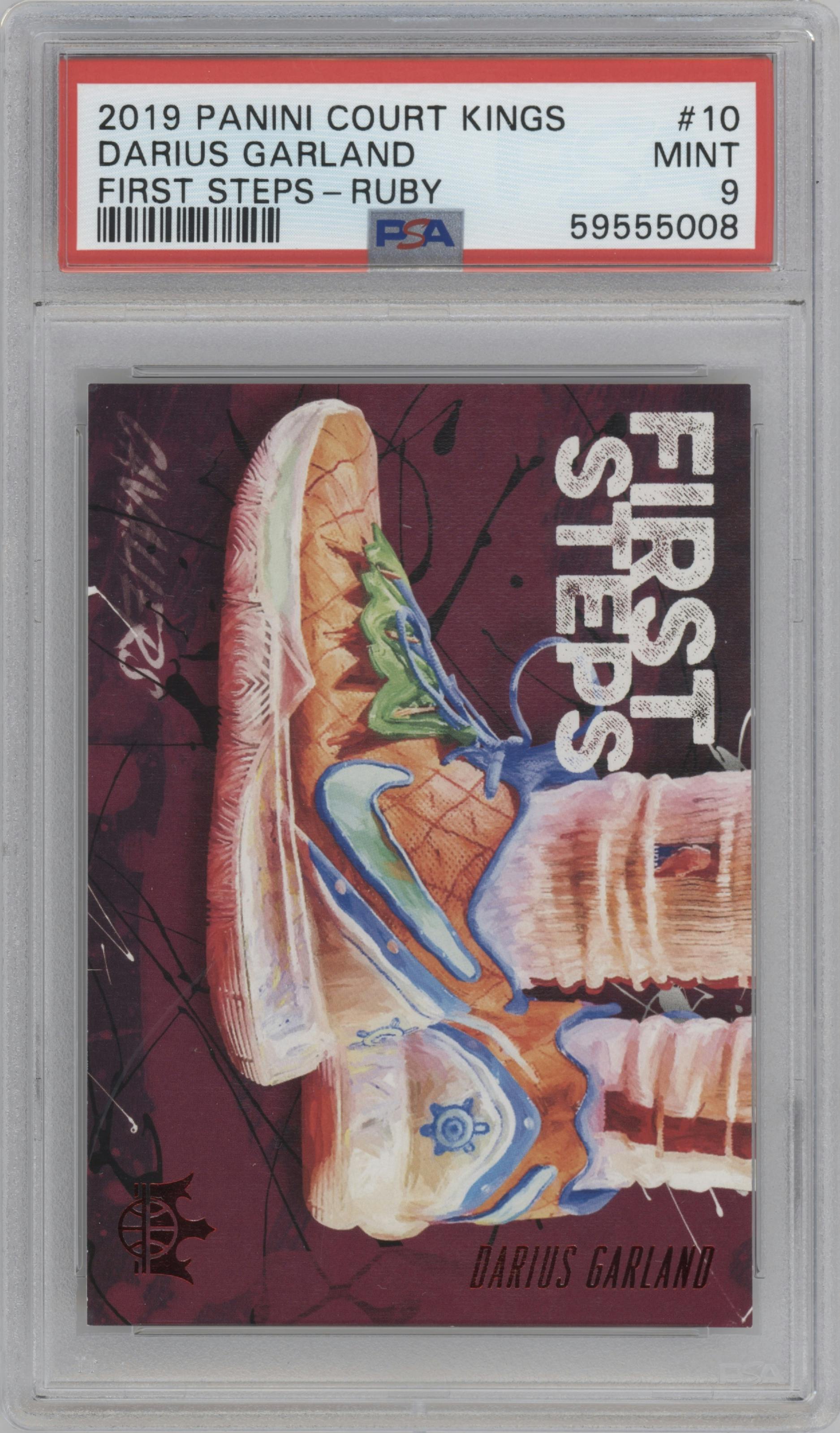 Darius Garland from the 2019-20 Panini Court Kings set featuring a Ruby parallel graded by PSA and given an overall grade of 9.