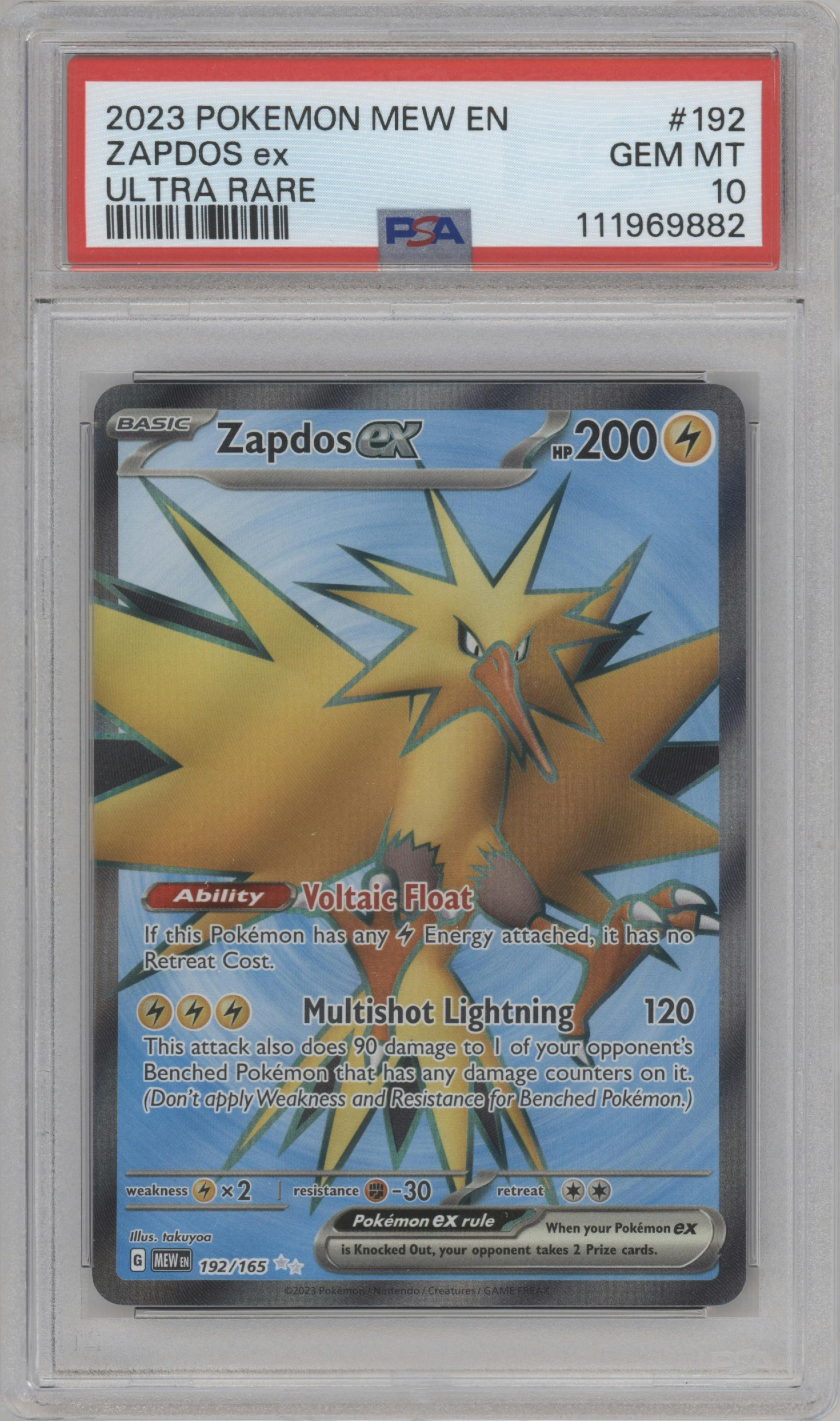 Zapdos EX from the 2023 Pokemon SV set graded by PSA and given an overall grade of 10.