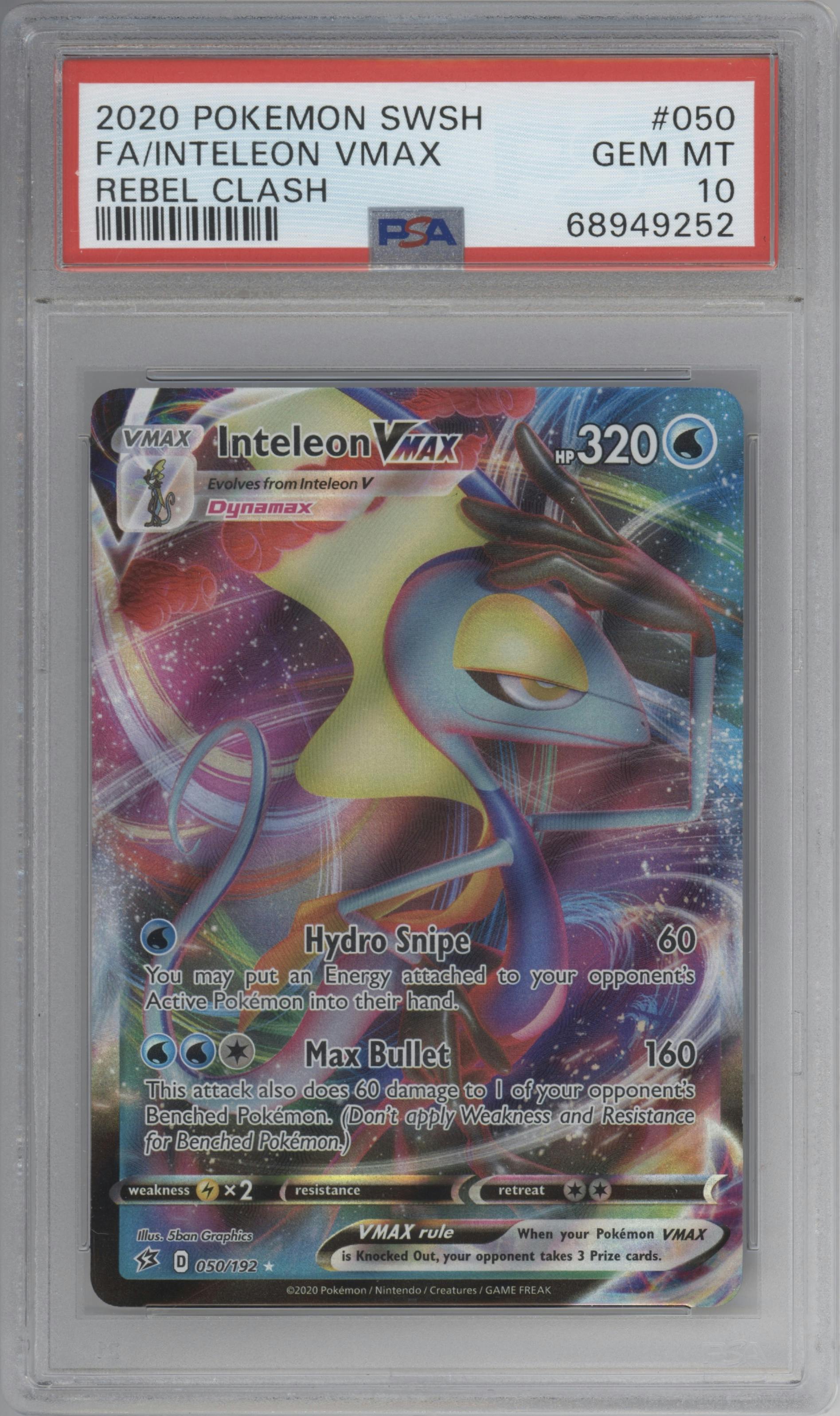 Inteleon VMax from the 2020 Pokemon SWSH set graded by PSA and given an overall grade of 10.