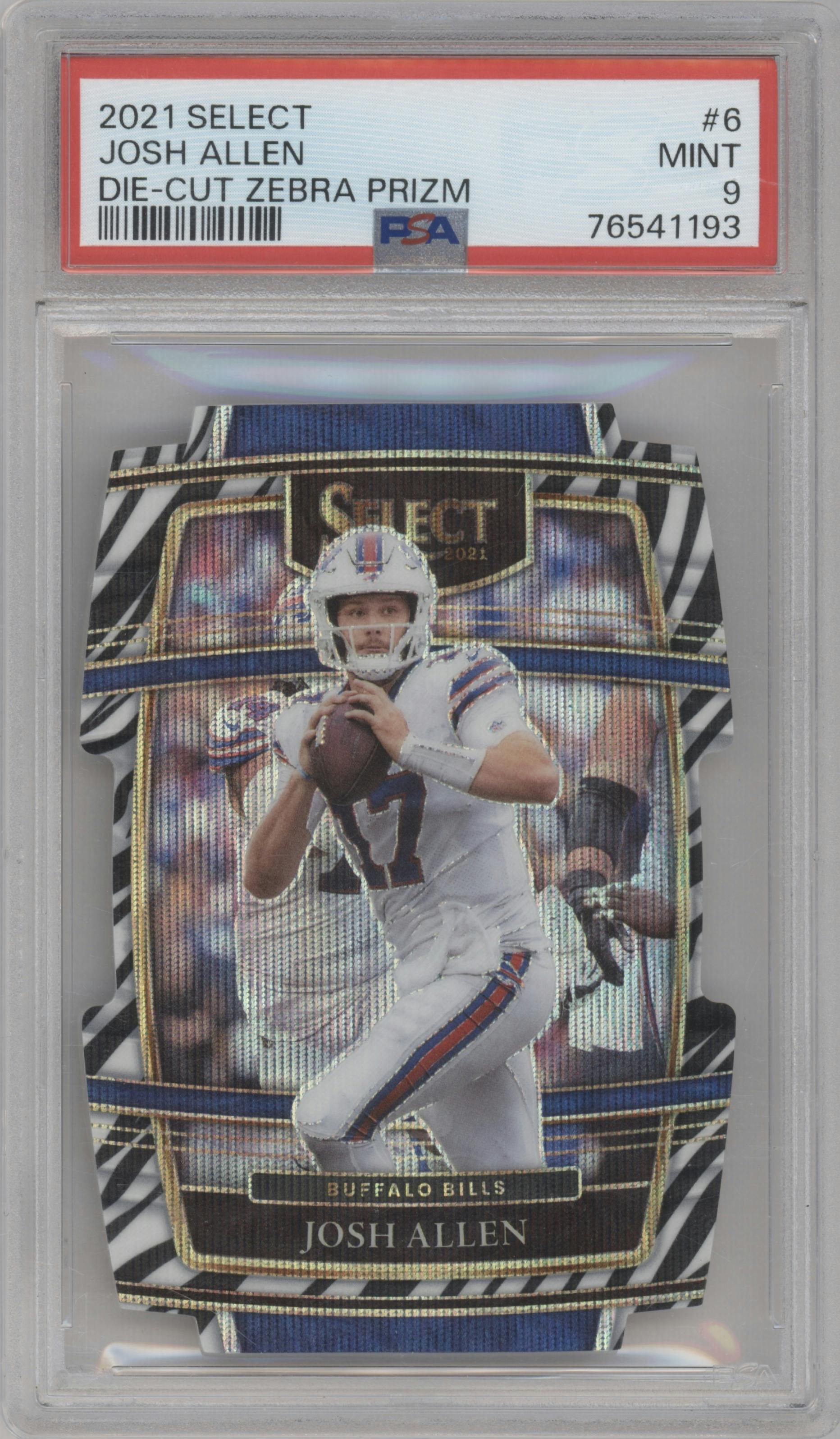Josh Allen from the 2021 Panini Select set featuring a Die-Cut Zebra parallel graded by PSA and given an overall grade of 9.