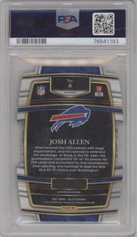 Josh Allen from the 2021 Panini Select set featuring a Die-Cut Zebra parallel graded by PSA and given an overall grade of 9.