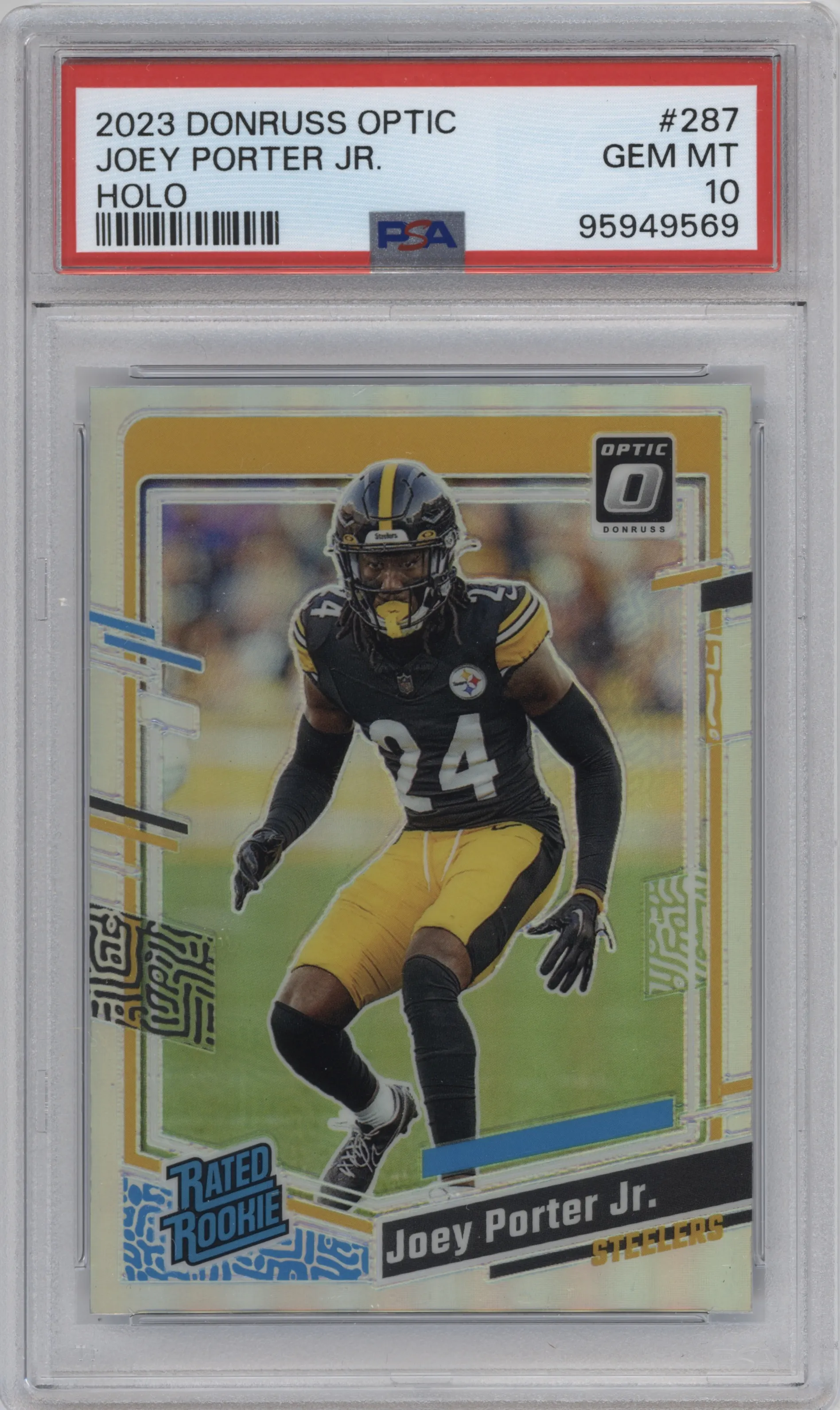 Joey Porter Jr. from the 2023 Donruss Optic set featuring a Holo parallel graded by PSA and given an overall grade of 10.