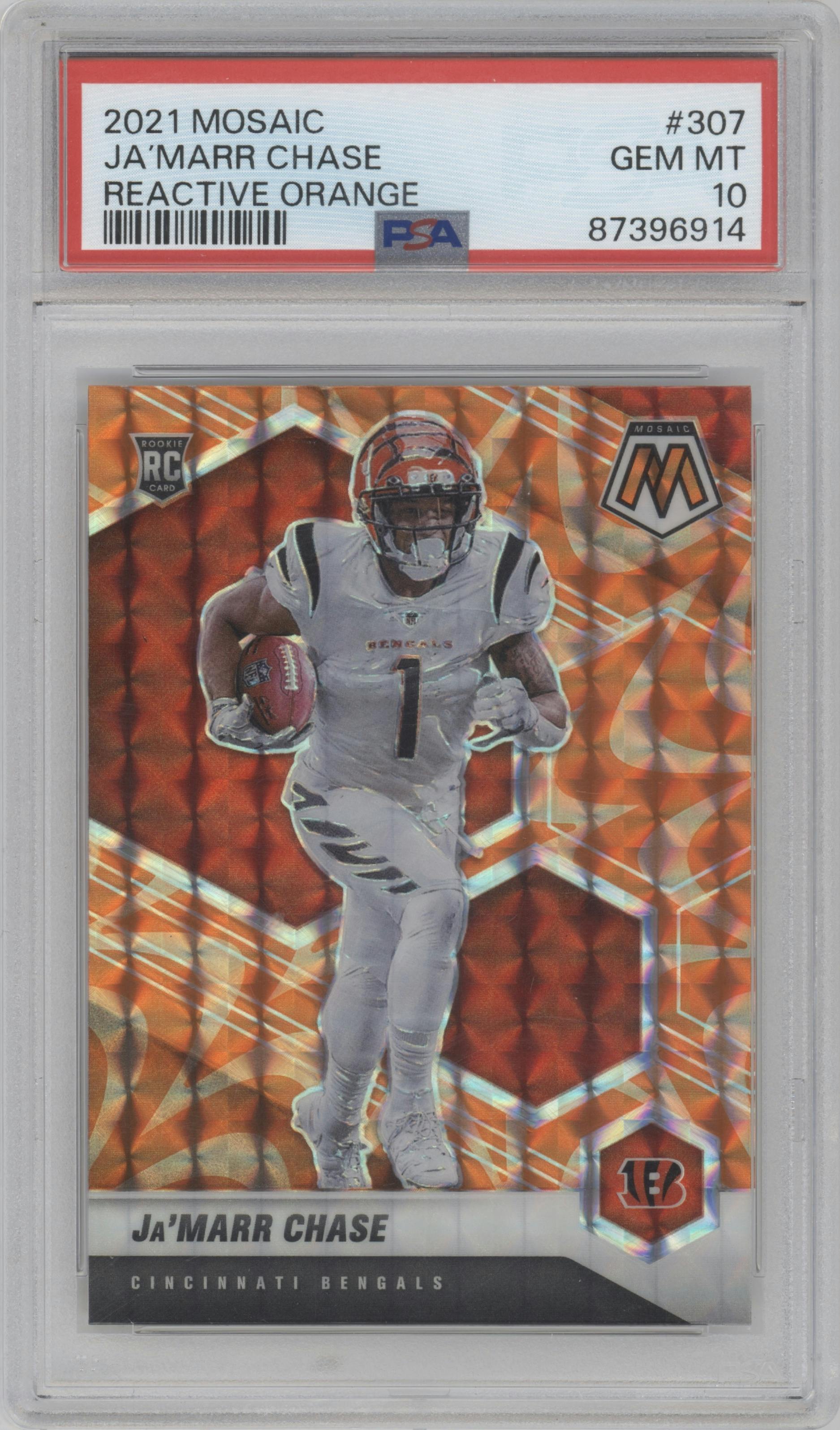 Ja'Marr Chase from the 2021 Panini Mosaic set featuring a Reactive Orange parallel graded by PSA and given an overall grade of 10.