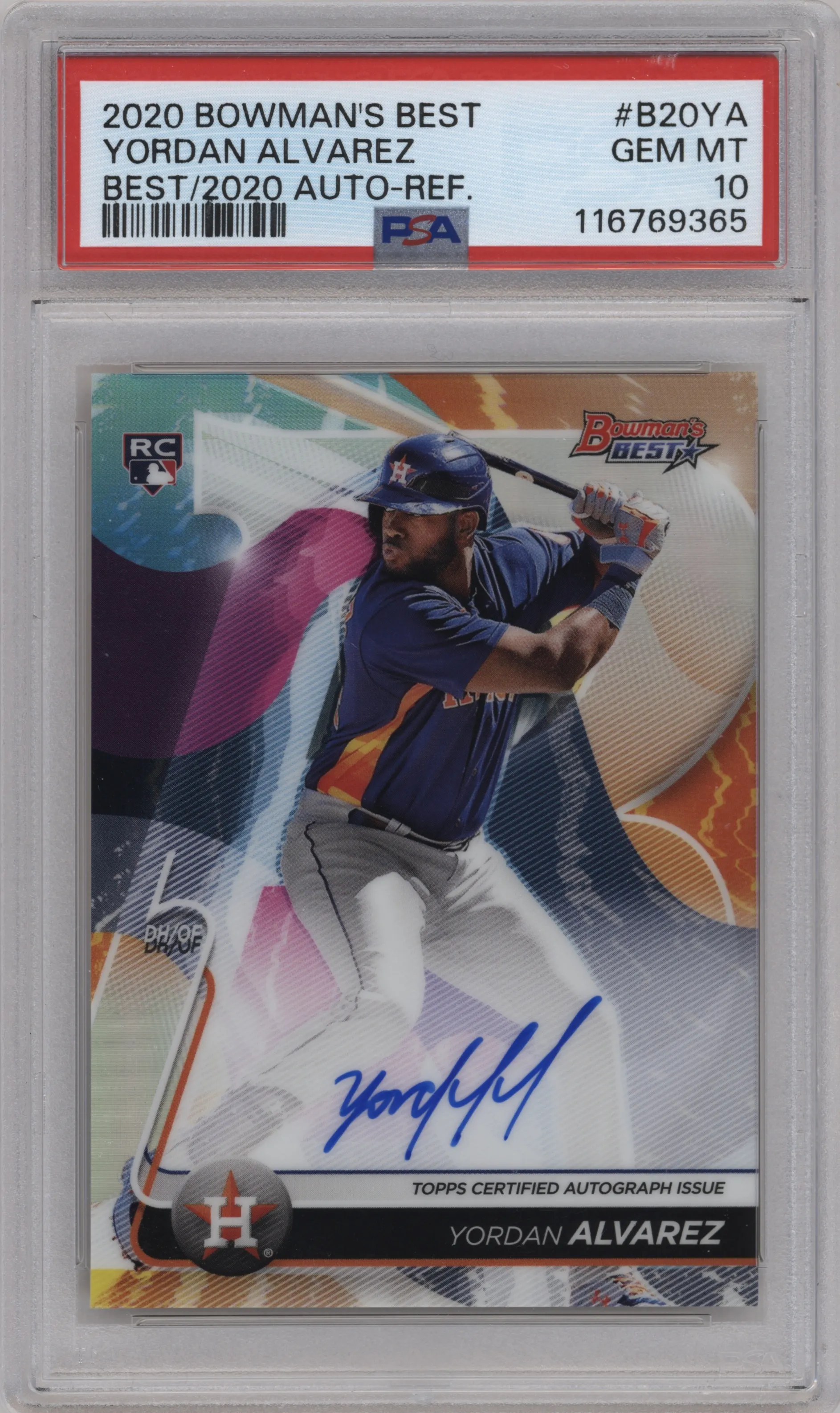 Yordan Alvarez from the 2020 Bowman’s Best set featuring a Refractor parallel graded by PSA and given an overall grade of 10.