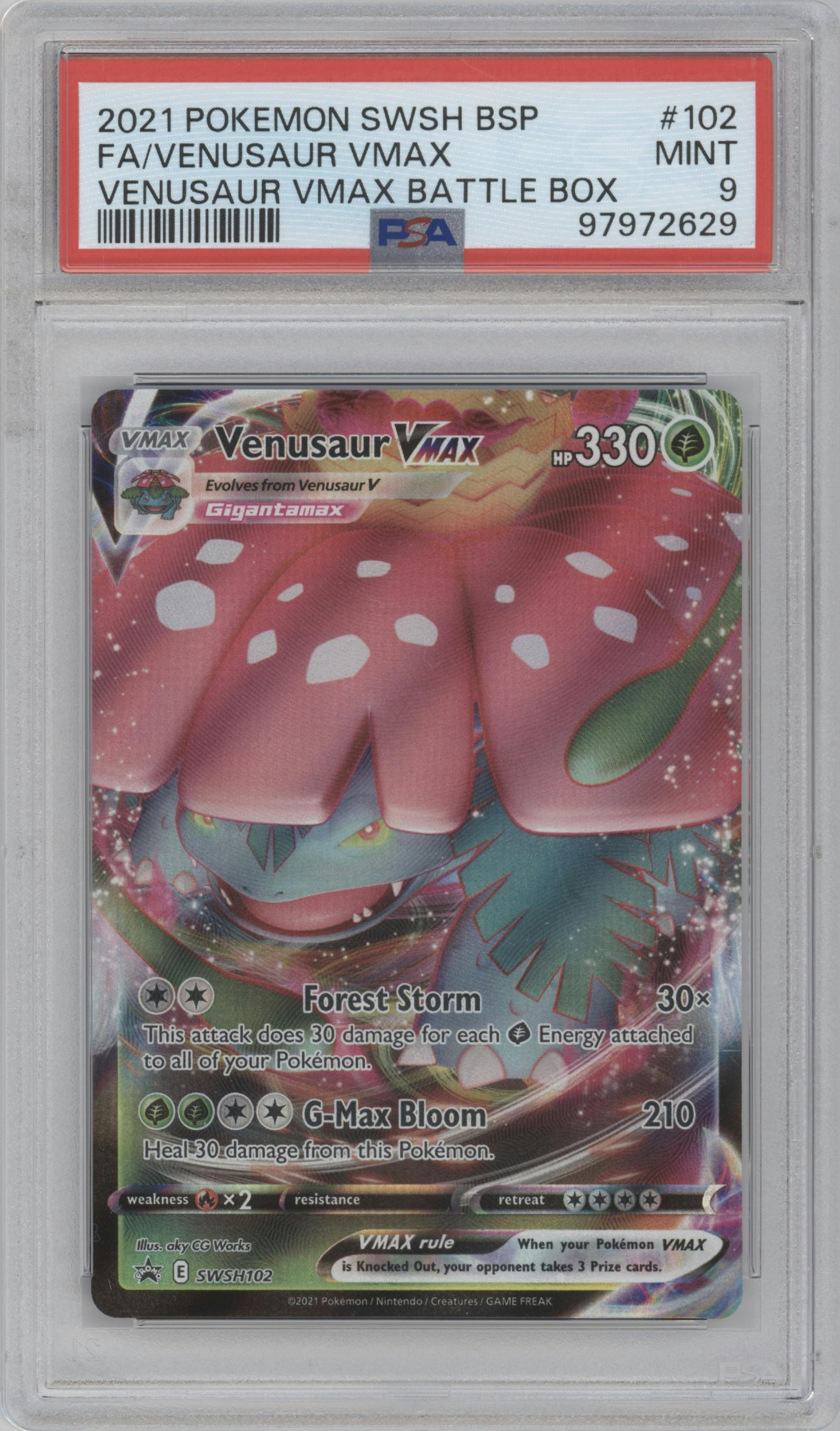 Venusaur VMAX from the 2021 Pokemon SWSH set featuring a Venusaur VMAX Battle Box parallel graded by PSA and given an overall grade of 9.