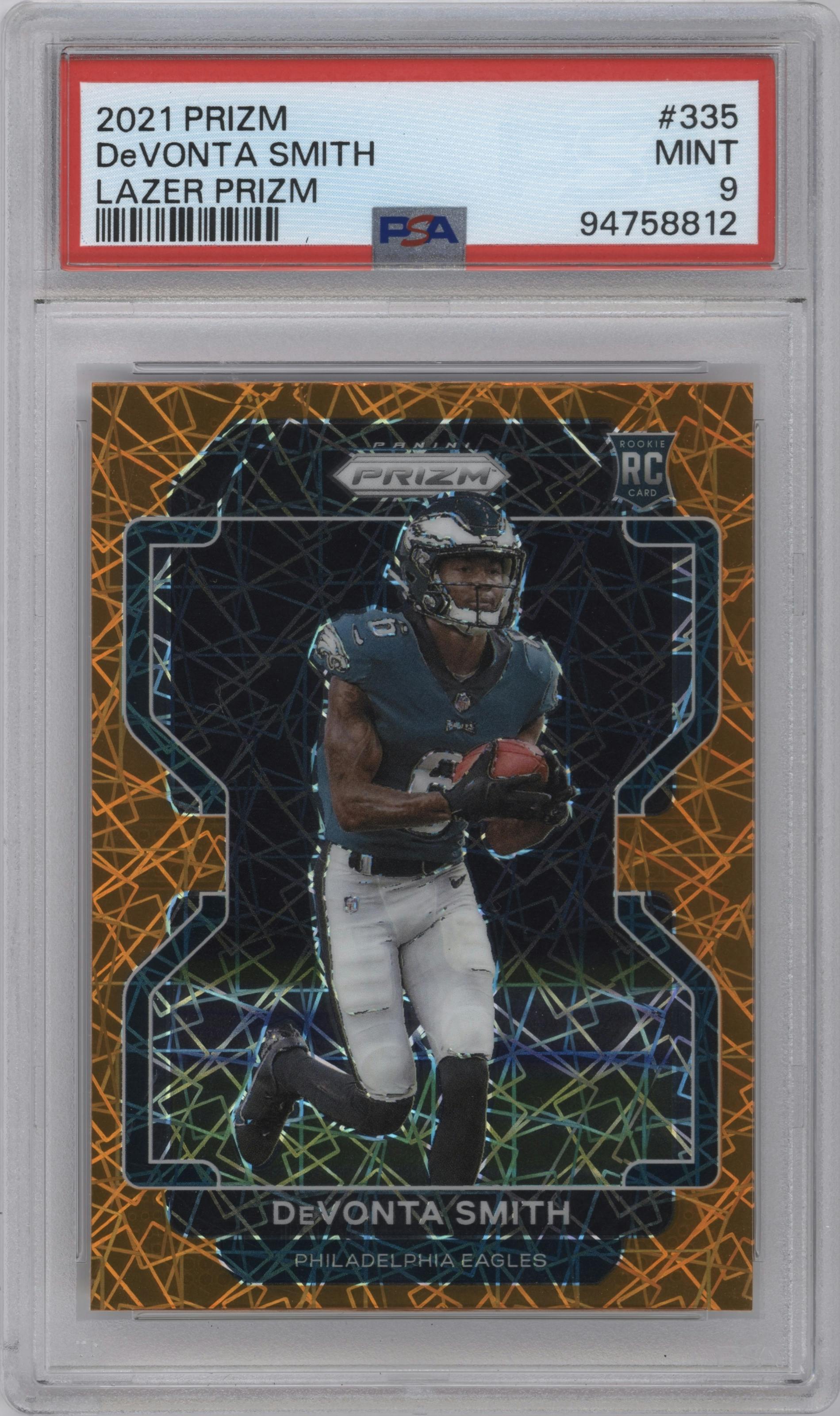 DeVonta Smith from the 2021 Panini Prizm set featuring a Lazer parallel graded by PSA and given an overall grade of 9.