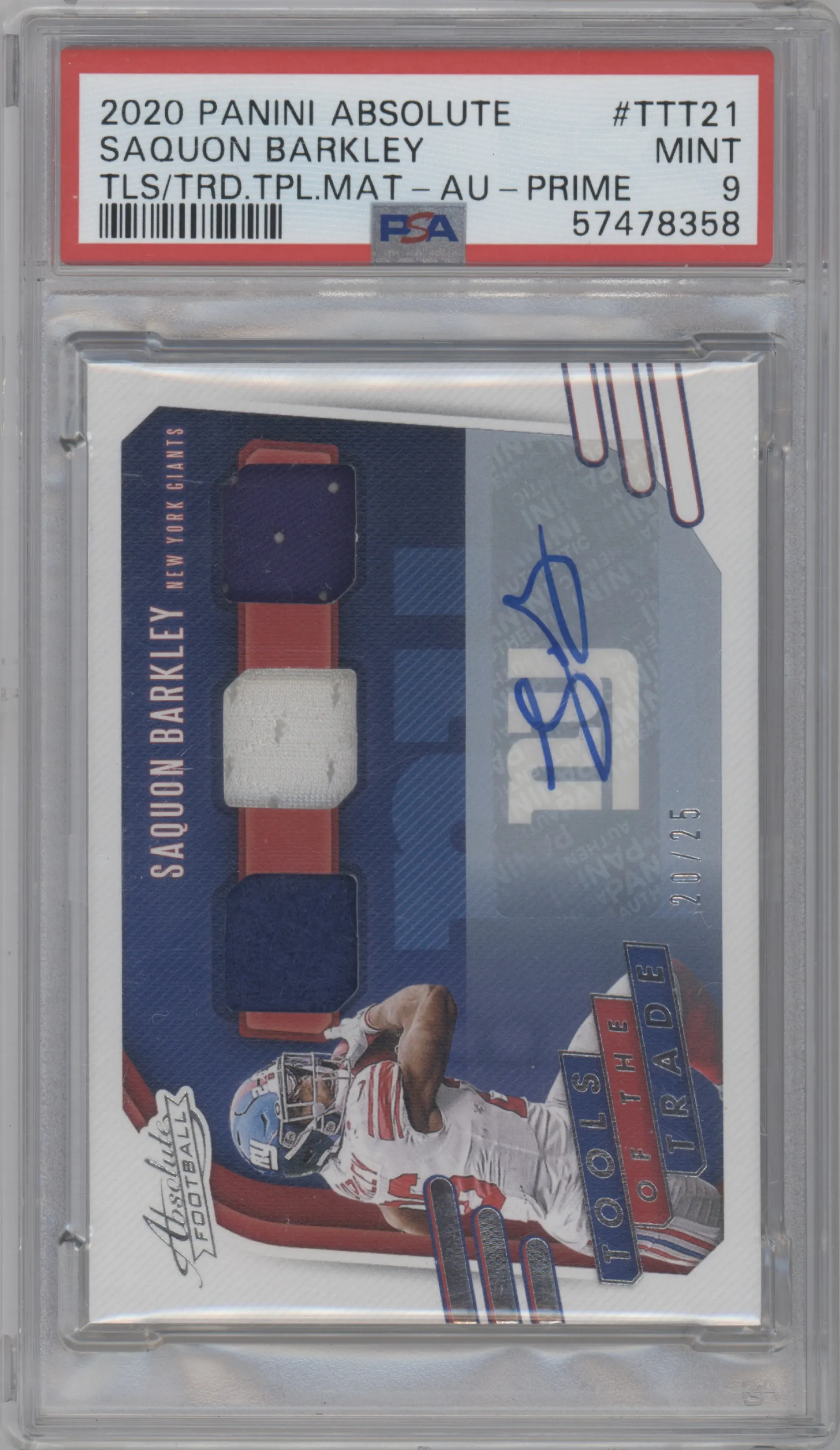 Saquon Barkley from the 2020 Panini Absolute set featuring a Prime parallel graded by PSA and given an overall grade of 9.