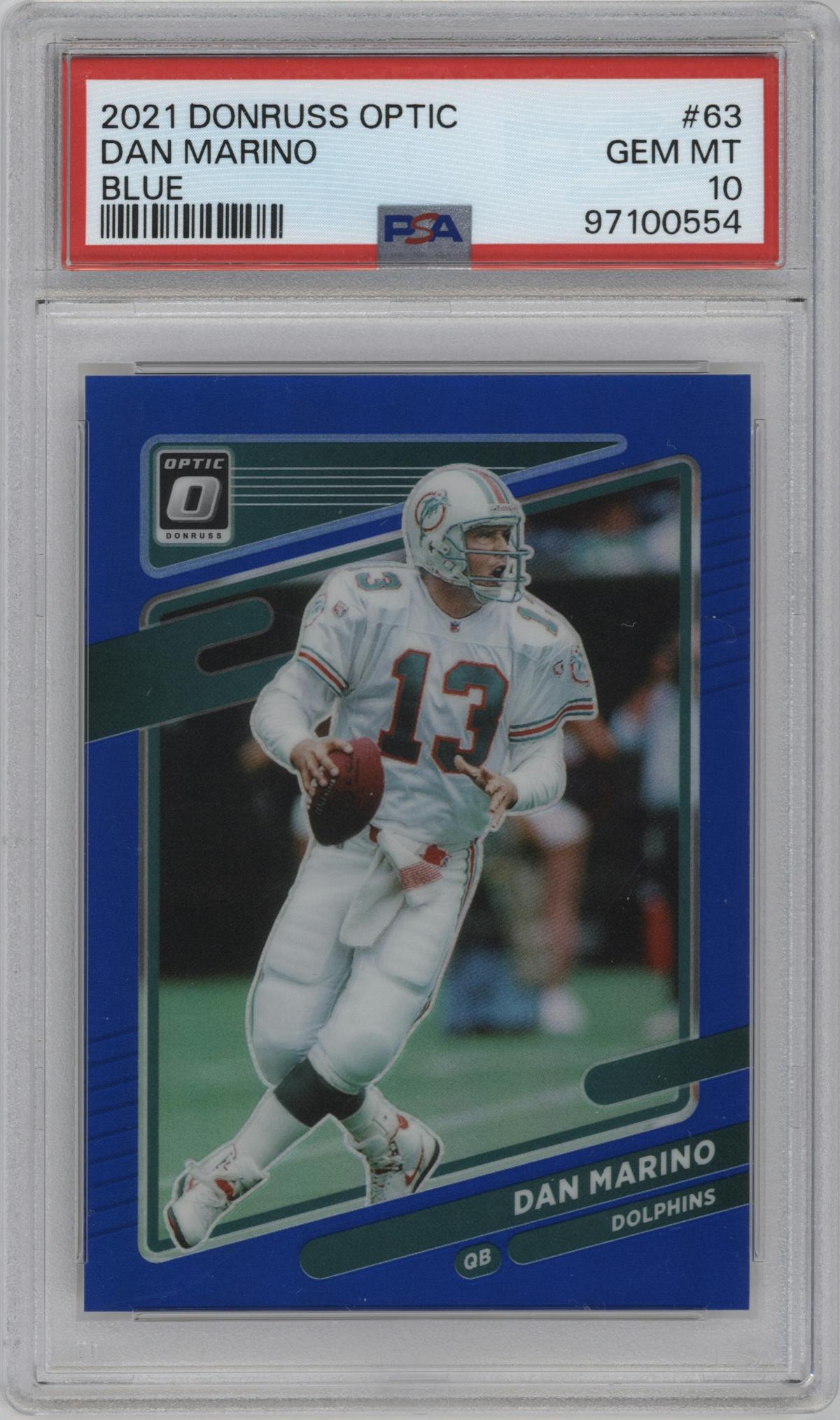 Dan Marino from the 2021 Panini Donruss Optic set featuring a Blue parallel graded by PSA and given an overall grade of 10.