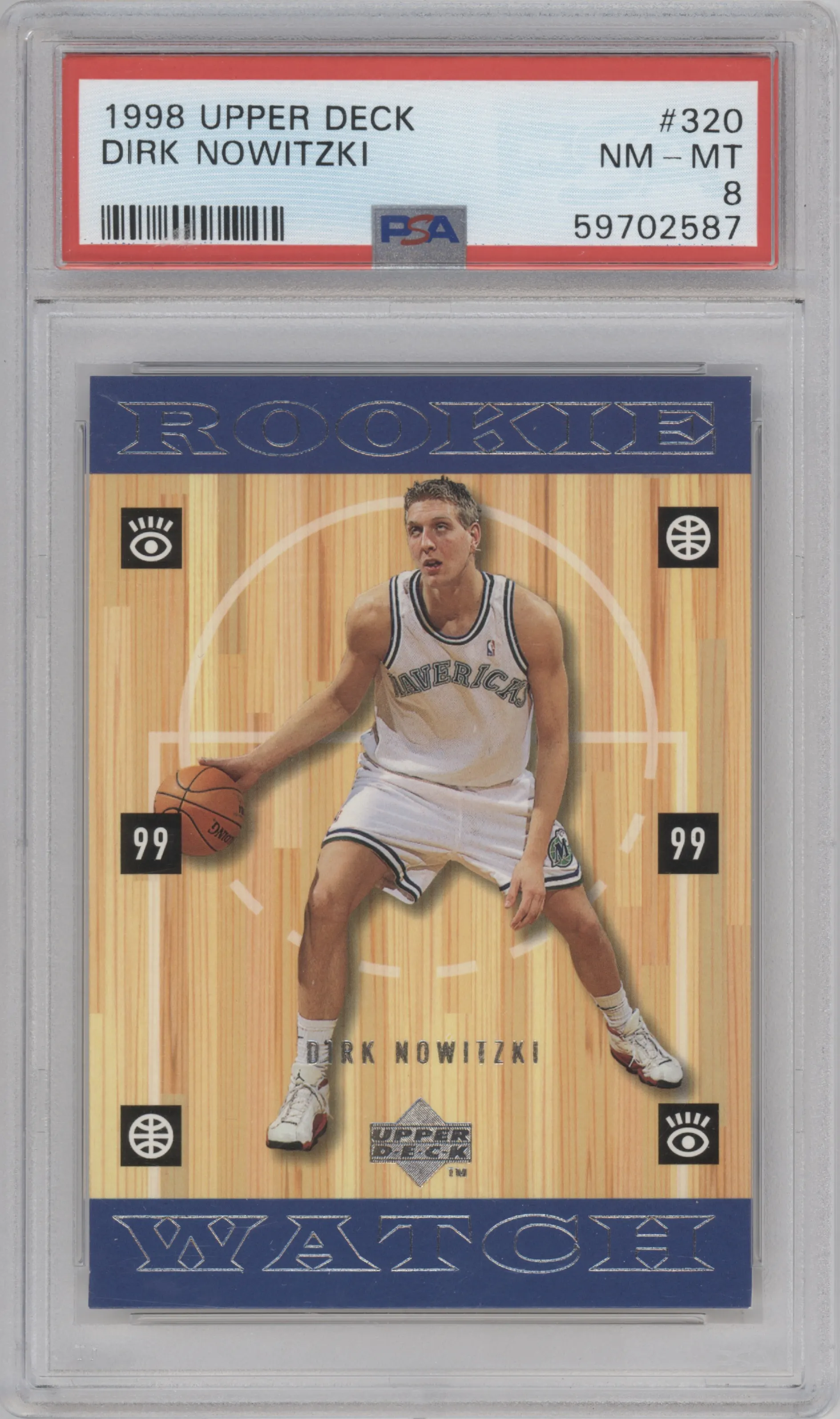 Dirk Nowitzki from the 1998-99 Upper Deck  set graded by PSA and given an overall grade of 8.