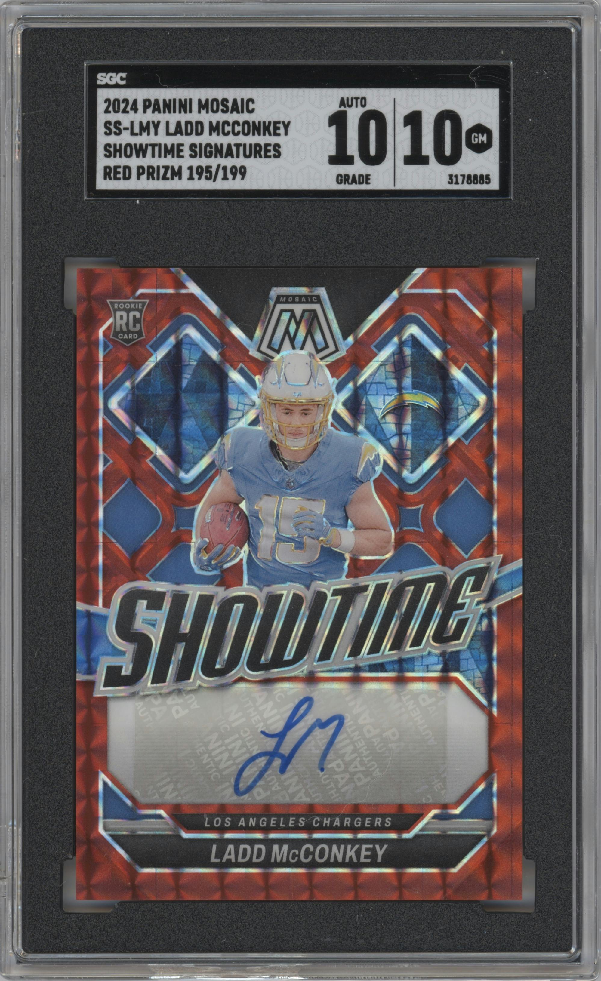 Ladd McConkey from the 2024 Panini Mosaic set featuring a Red parallel graded by SGC and given an overall grade of 10.