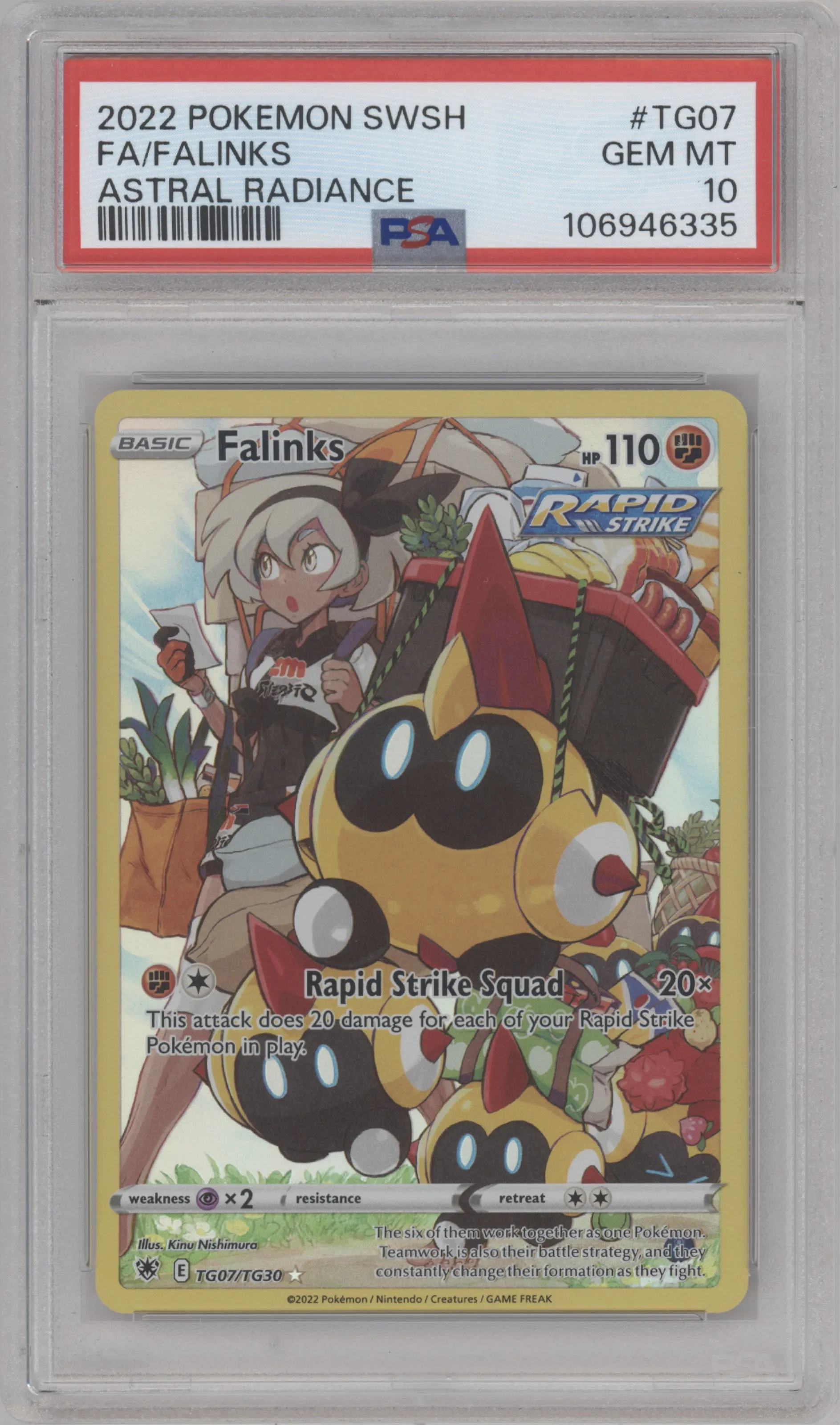 Falinks from the 2022 Pokemon SWSH set graded by PSA and given an overall grade of 10.