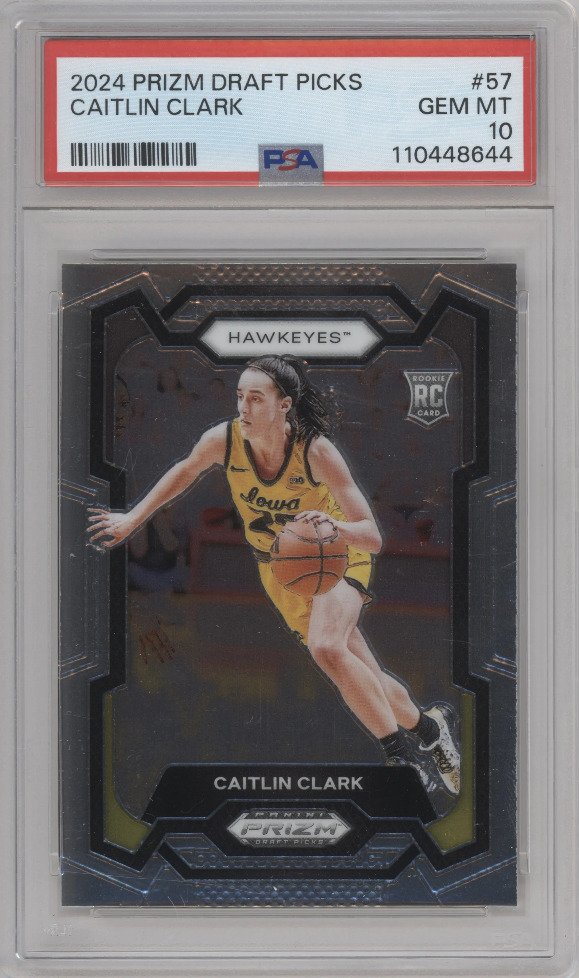 Caitlin Clark from the 2024 Panini Prizm Draft Picks set graded by PSA and given an overall grade of 10.